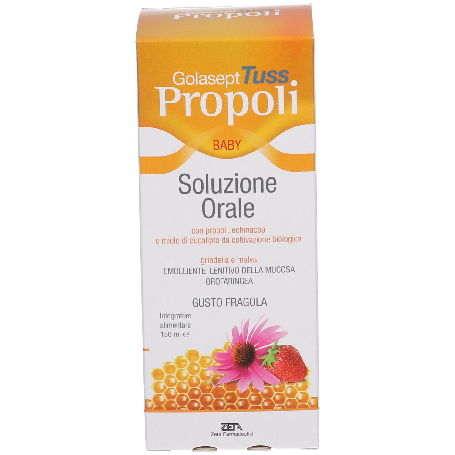 Confezione del prodotto. Scatola giallo-bianca. Testo: Golasept Tuss Propoli Baby, Soluzione Orale. Illustrazione: fragola, favo, fiore.