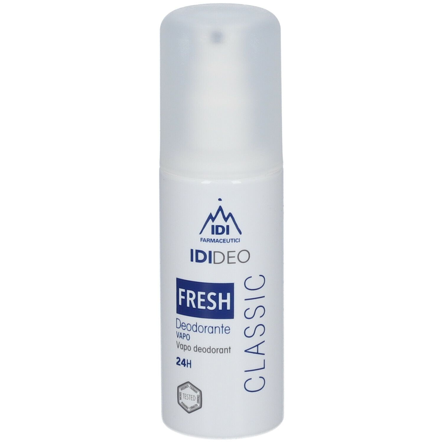 Roll-on deodorante bianco con erogatore spray ed etichetta blu. Scritta: IDIDEO FRESH Classic, 24H.