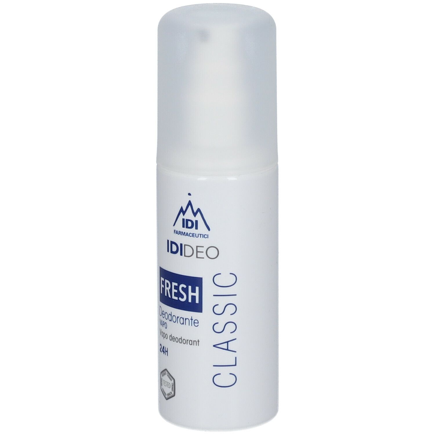 Roll-on deodorante bianco con erogatore spray ed etichetta blu. Scritta: IDIDEO FRESH Classic, 24H.
