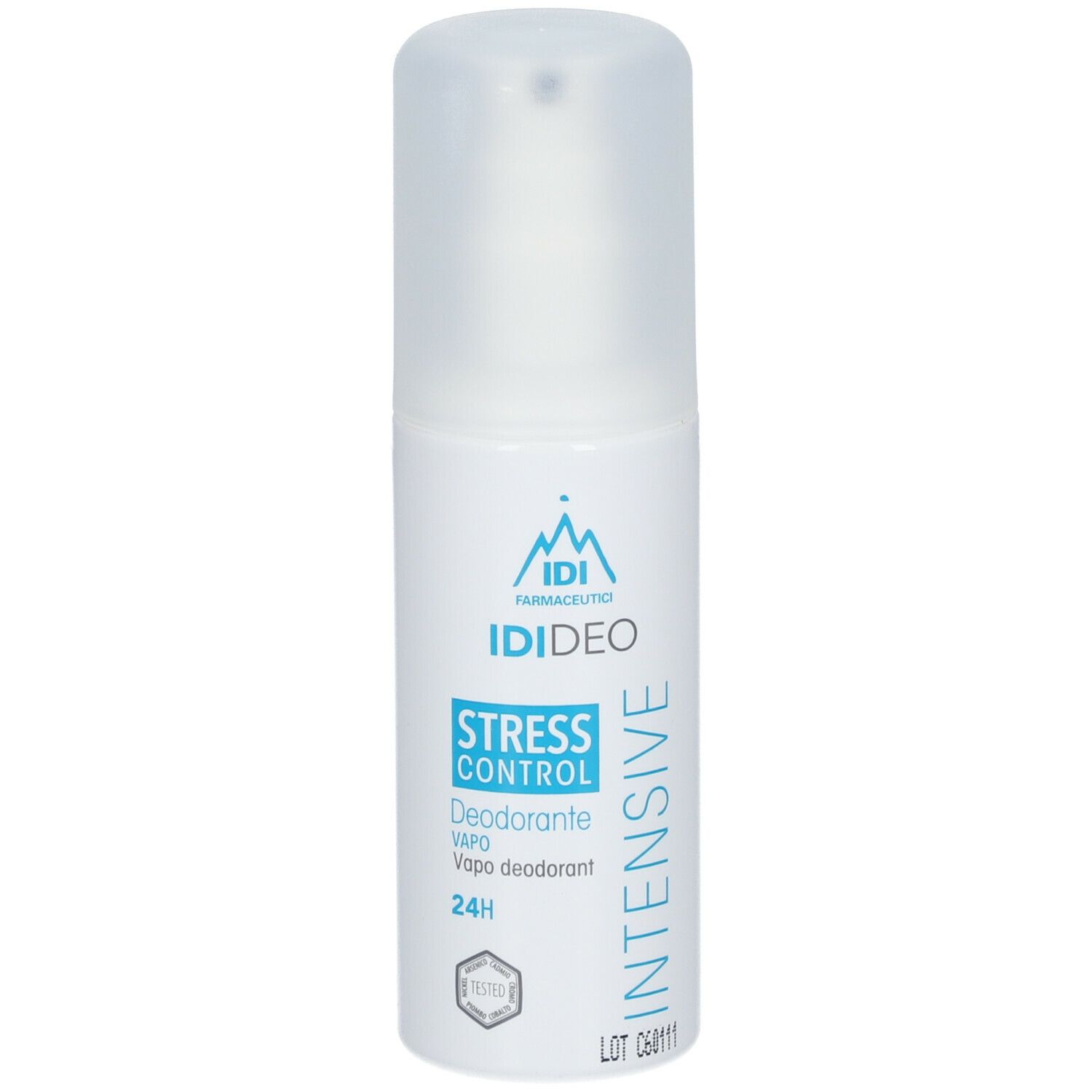 Deodorante bianco con vaporizzatore. Scritta IDI IDEO Stress Control, 24H. Logo e scritta INTENSIVE.