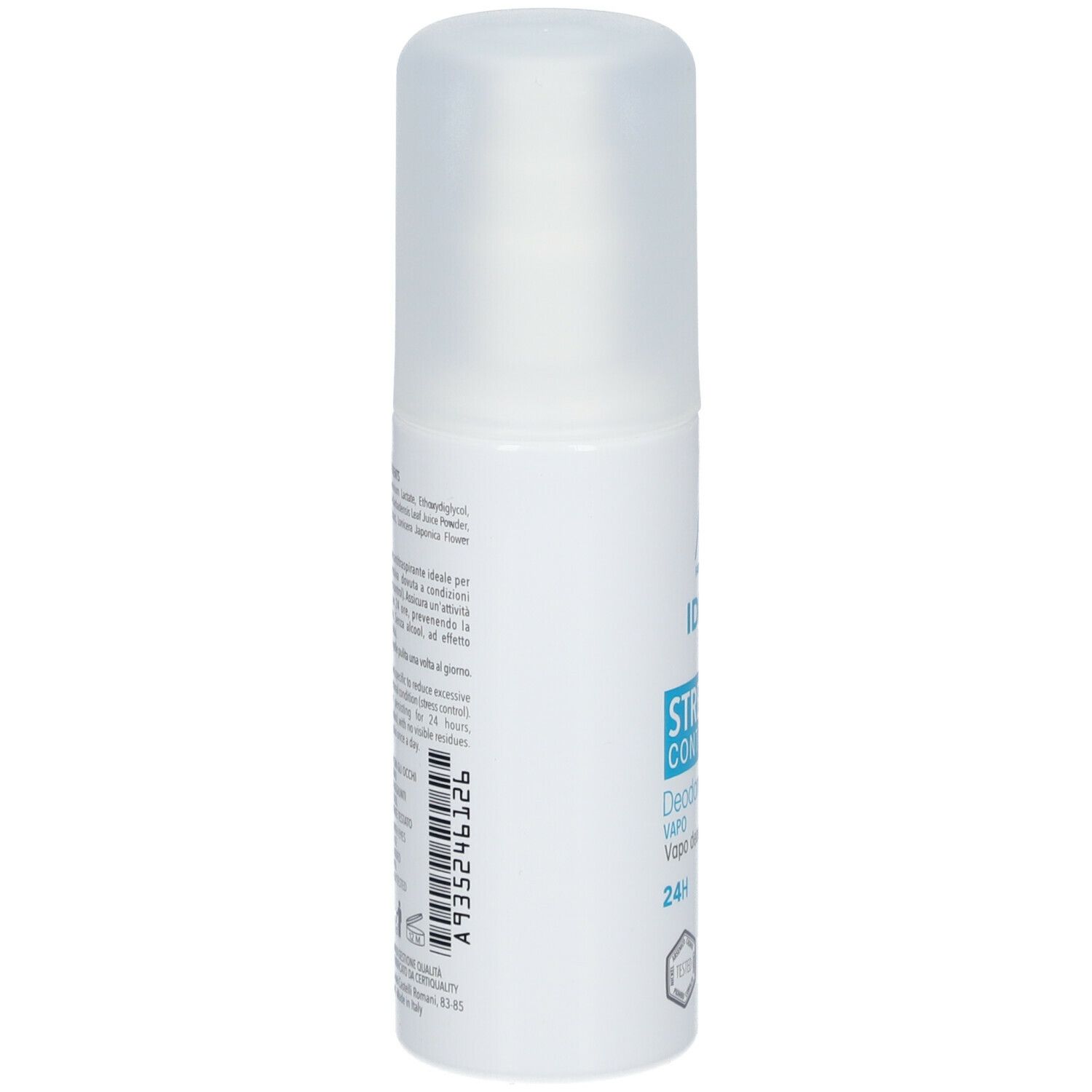 Deodorante bianco con vaporizzatore. Testo sul retro. Codice a barre e scritta.