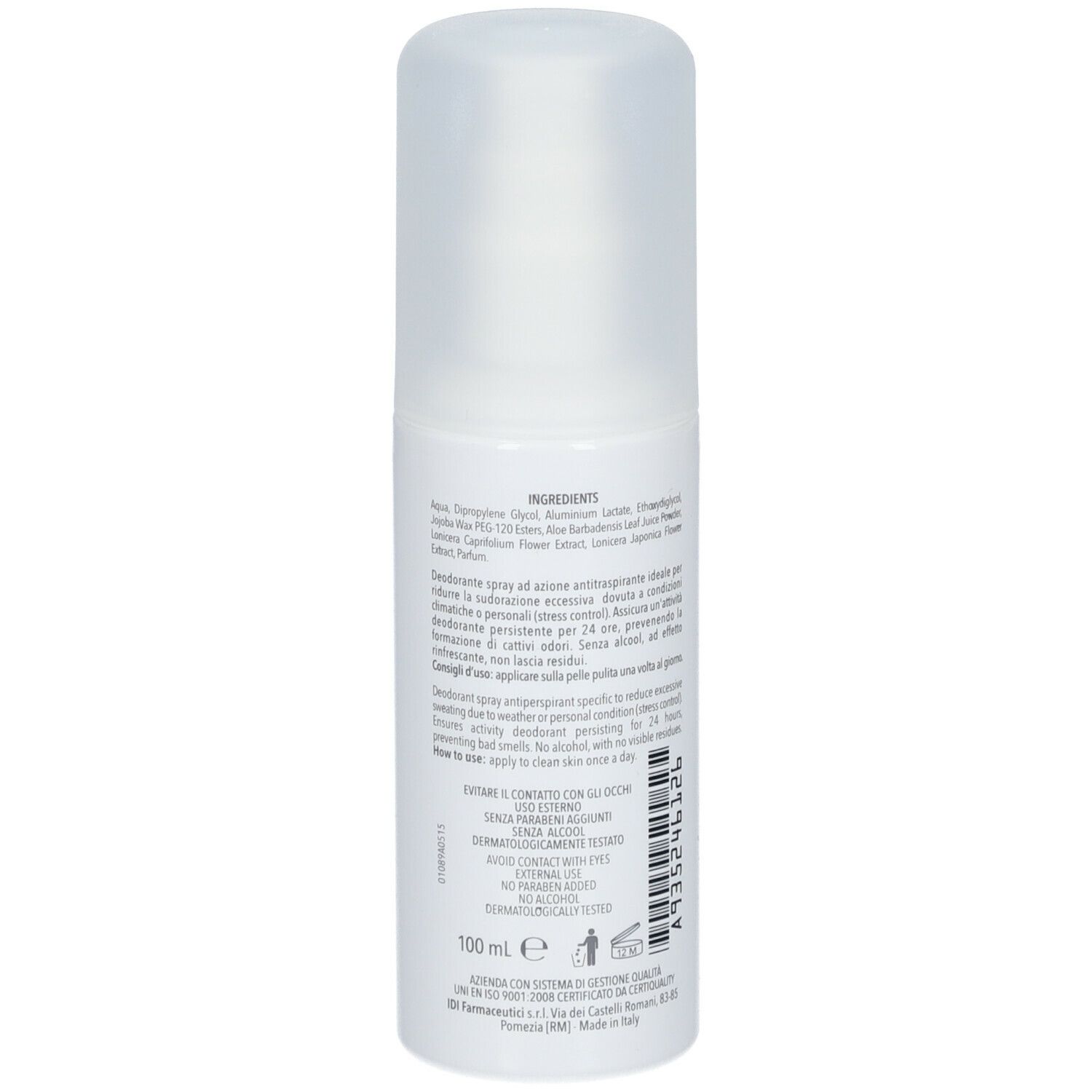 Retro del deodorante bianco. Elenco ingredienti, istruzioni per l'uso e informazioni del produttore.