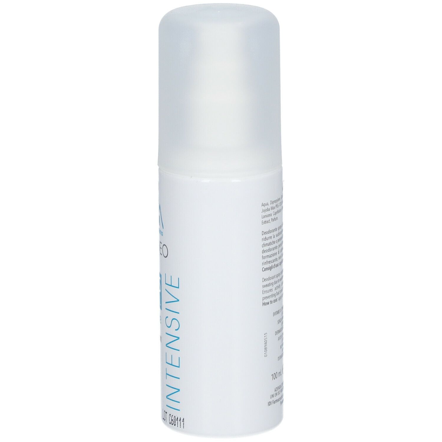 Deodorante bianco con vaporizzatore. Scritta IDI IDEO Stress Control, 24H. Logo e scritta INTENSIVE.
