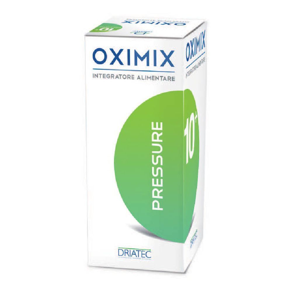 Scatola bianca con cerchio verde. Scritto Oximix, Pressure 10+ e Integratore Alimentare. Marchio Driatec.