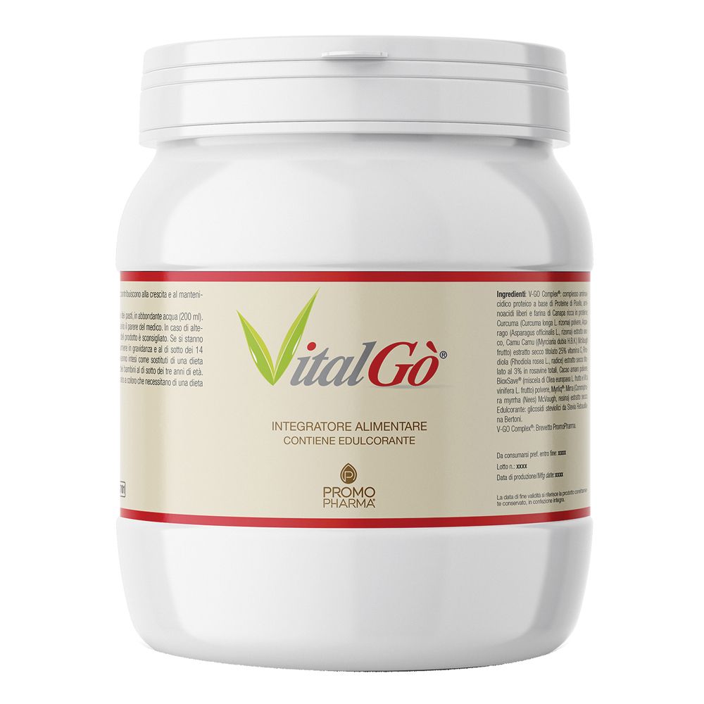 Barattolo bianco con coperchio. Scritta: VitalGò, Integratore Alimentare, Promo Pharma. Logo verde e rosso.