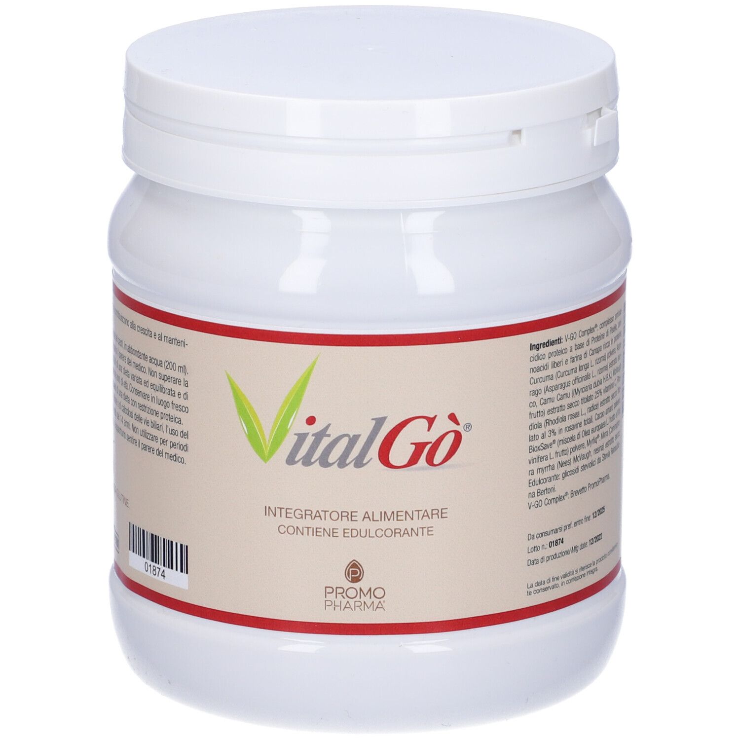 Barattolo bianco con coperchio. Scritta: VitalGò, Integratore Alimentare, Promo Pharma. Codice a barre e testo.