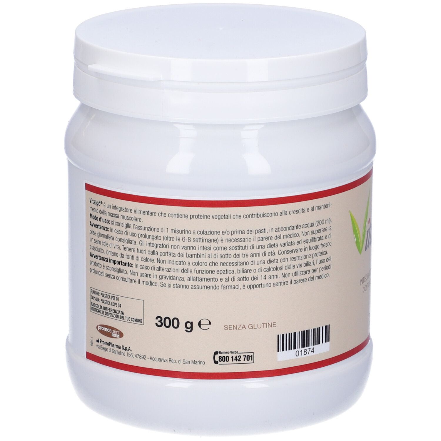 Barattolo bianco con coperchio. Scritta: VitalGò, 300 g, senza glutine. Testo sull'etichetta.