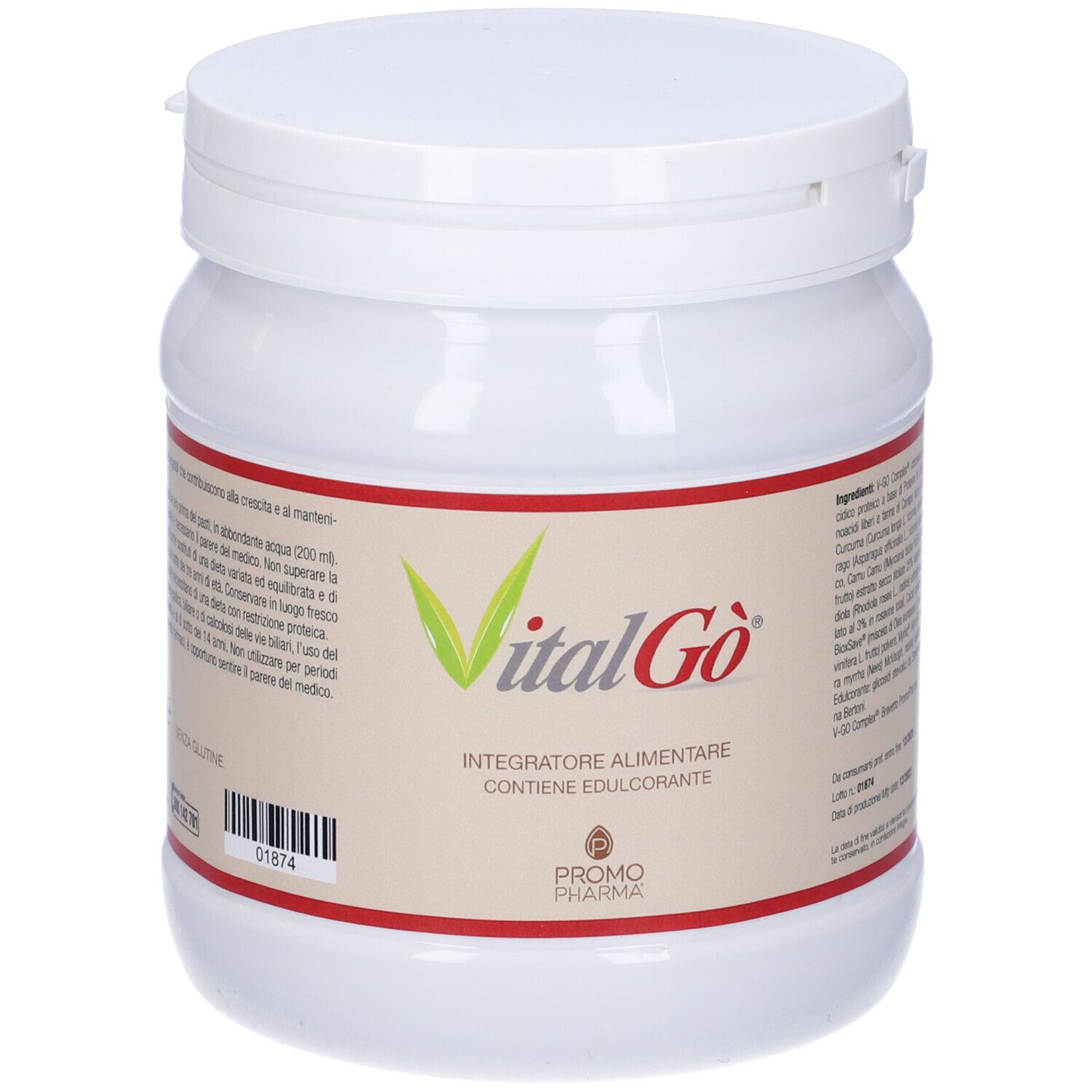 Barattolo bianco con coperchio. Scritta: VitalGò, Integratore Alimentare, Promo Pharma. Codice a barre e testo.