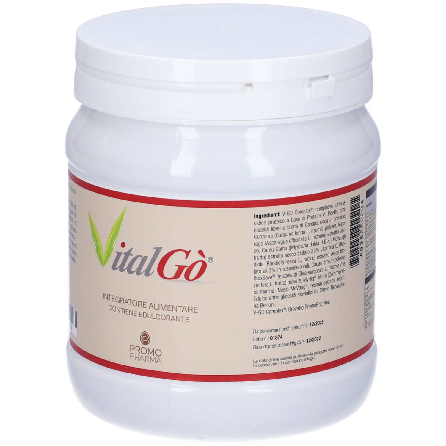 Barattolo bianco con coperchio. Scritta: VitalGò, Integratore Alimentare, Promo Pharma. Elenco ingredienti.