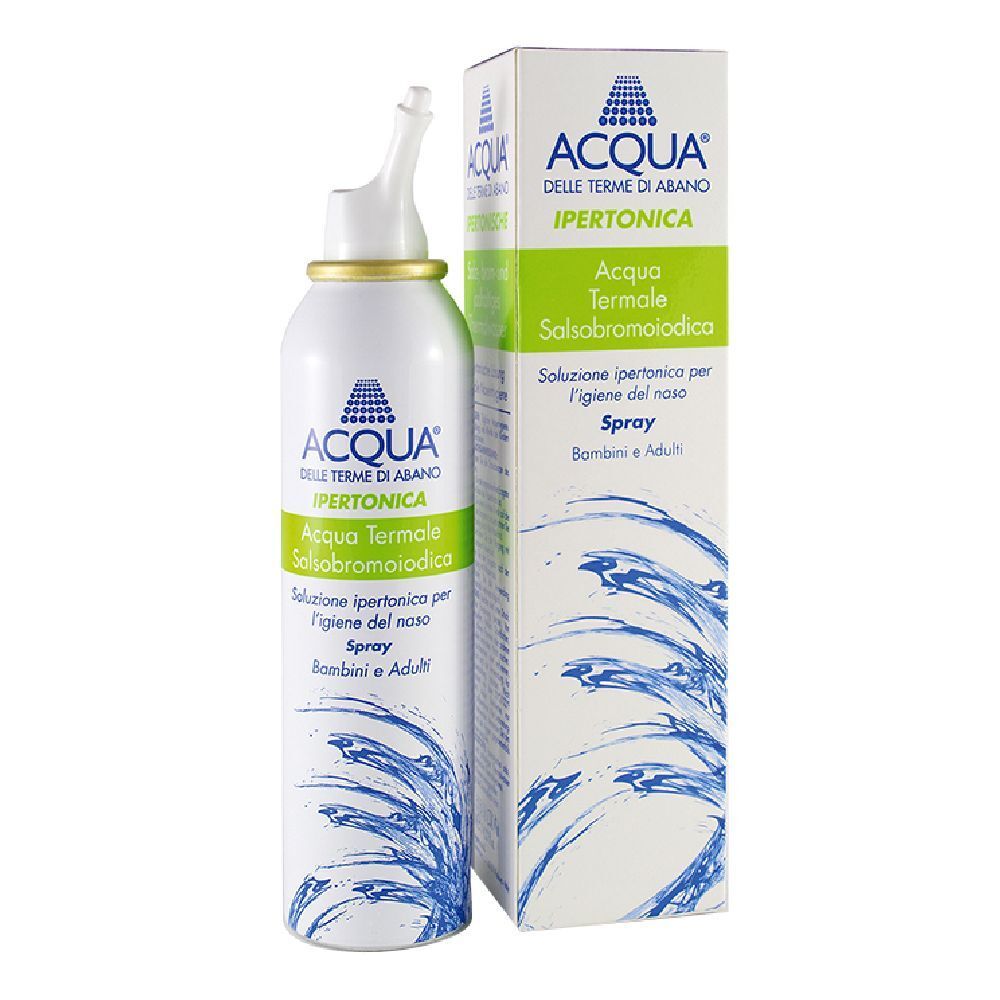 Spray bianco con fascia verde e testo. Scatola con informazioni sul prodotto. Applicatore spray nasale.