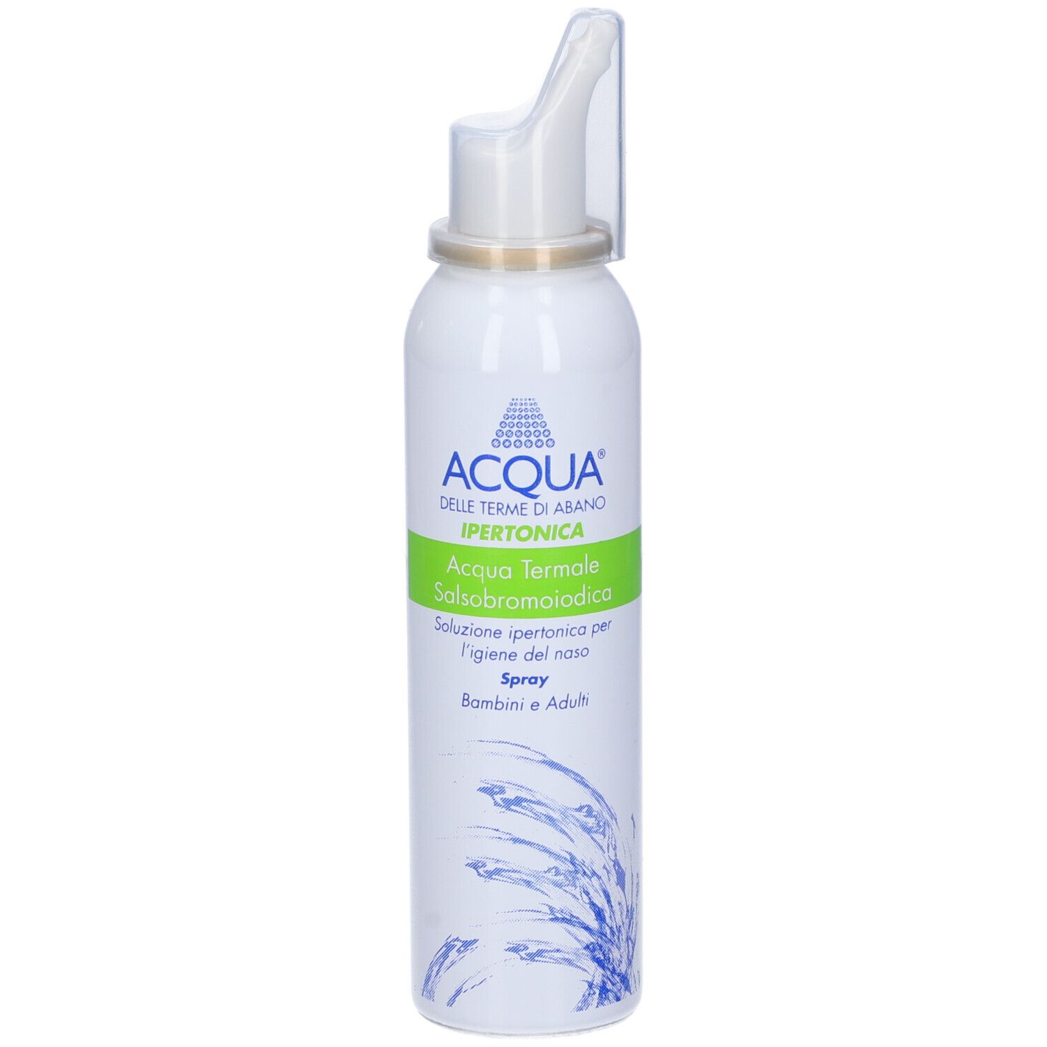 Spray bianco con fascia verde e testo. Applicatore spray nasale. Decorazione onde blu.
