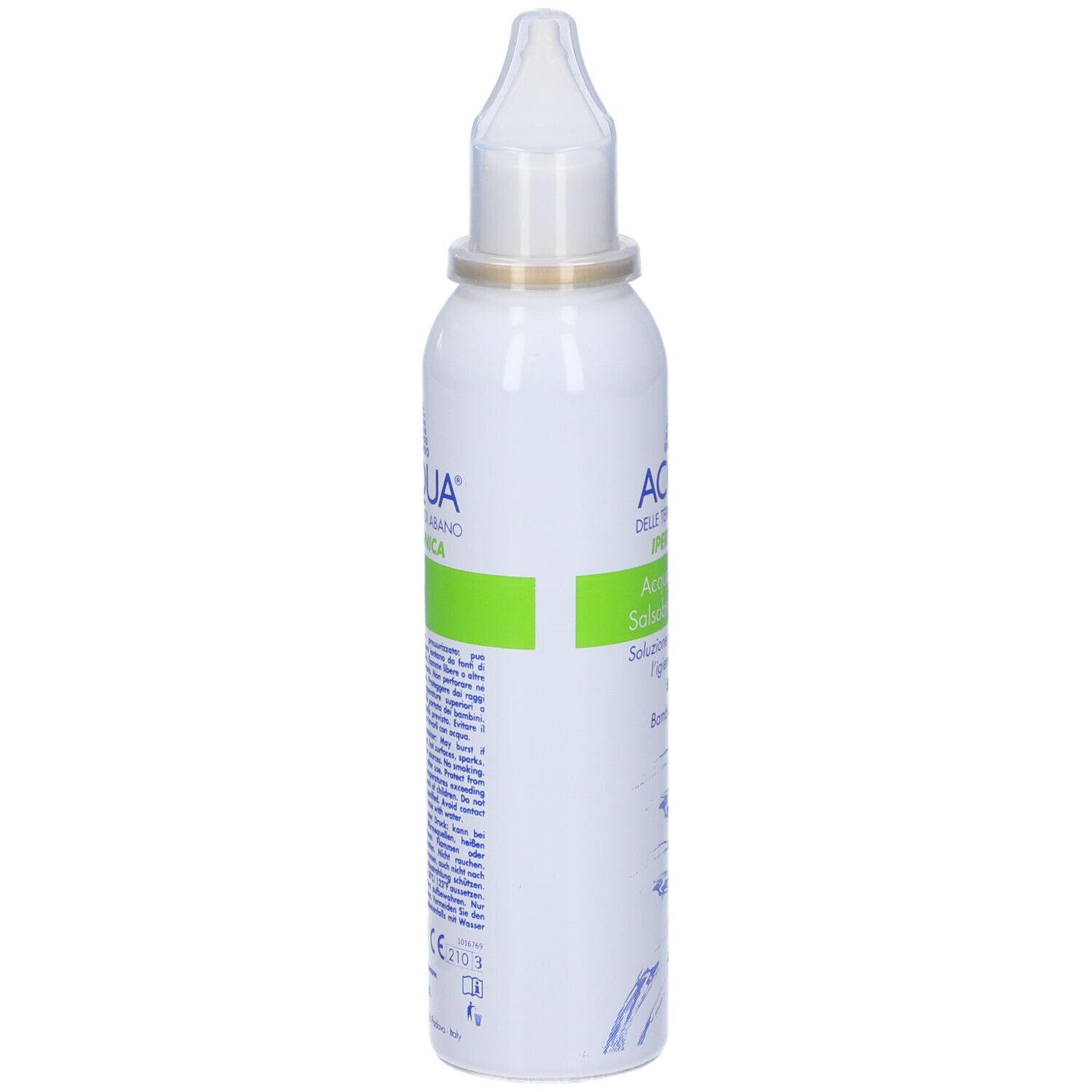 Spray bianco con fascia verde e testo. Applicatore spray nasale. Decorazione onde blu.