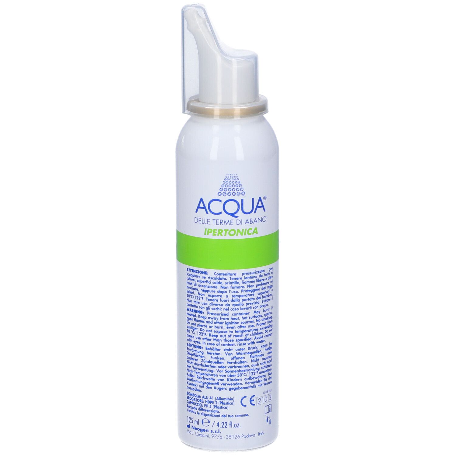 Spray bianco con fascia verde e testo. Applicatore spray nasale. Decorazione onde blu.