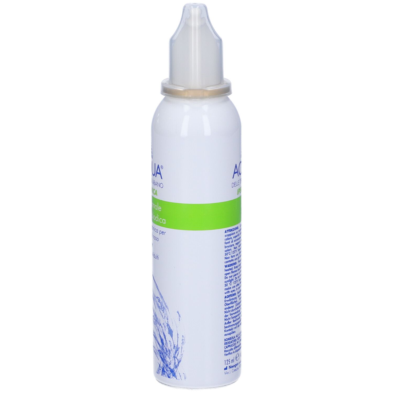 Spray bianco con fascia verde e testo. Applicatore spray nasale. Decorazione onde blu.