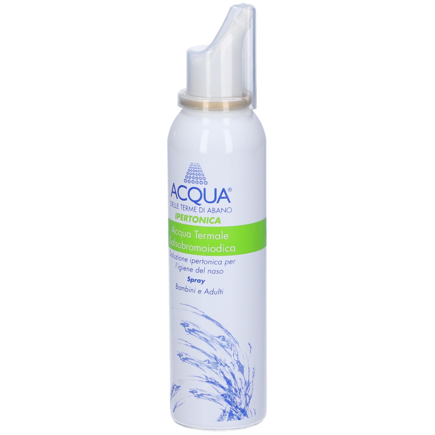 Spray bianco con fascia verde e testo. Applicatore spray nasale. Decorazione onde blu.