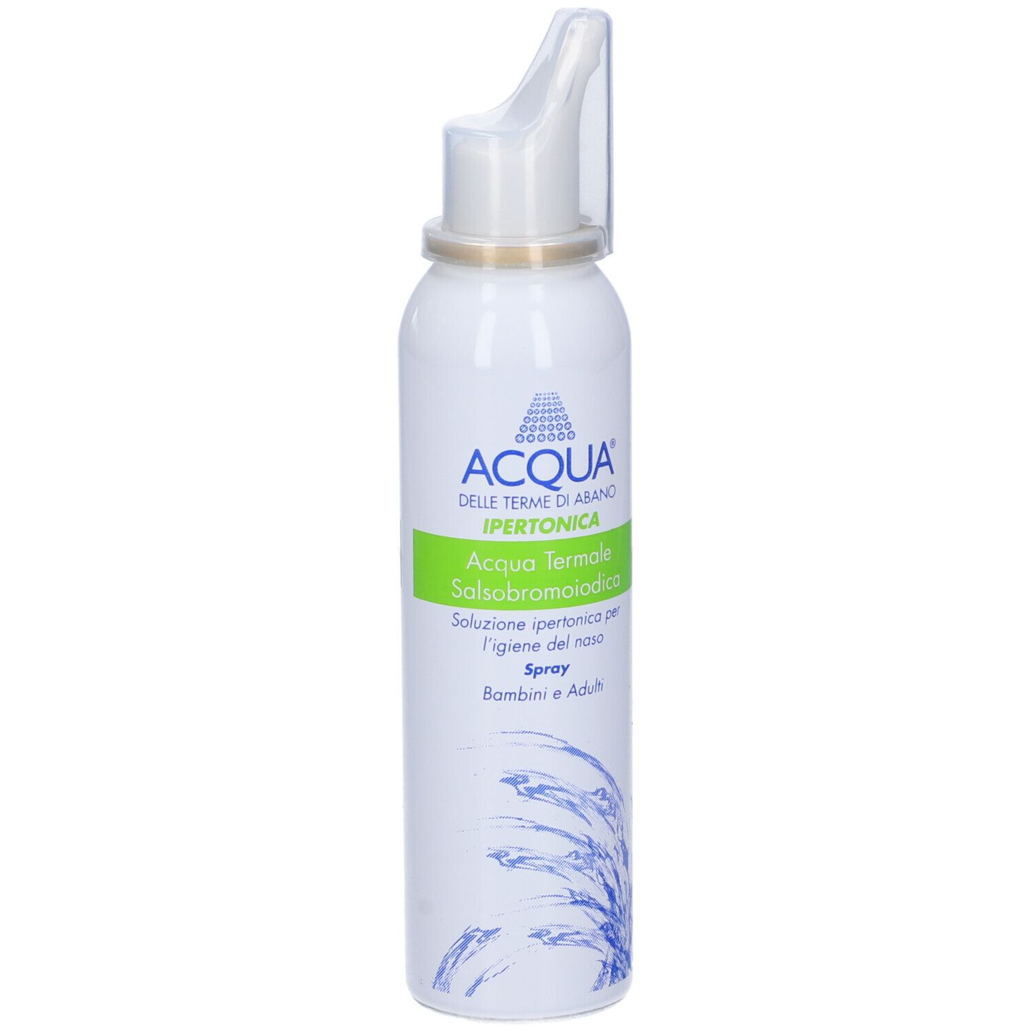 Spray bianco con fascia verde e testo. Applicatore spray nasale. Decorazione onde blu.