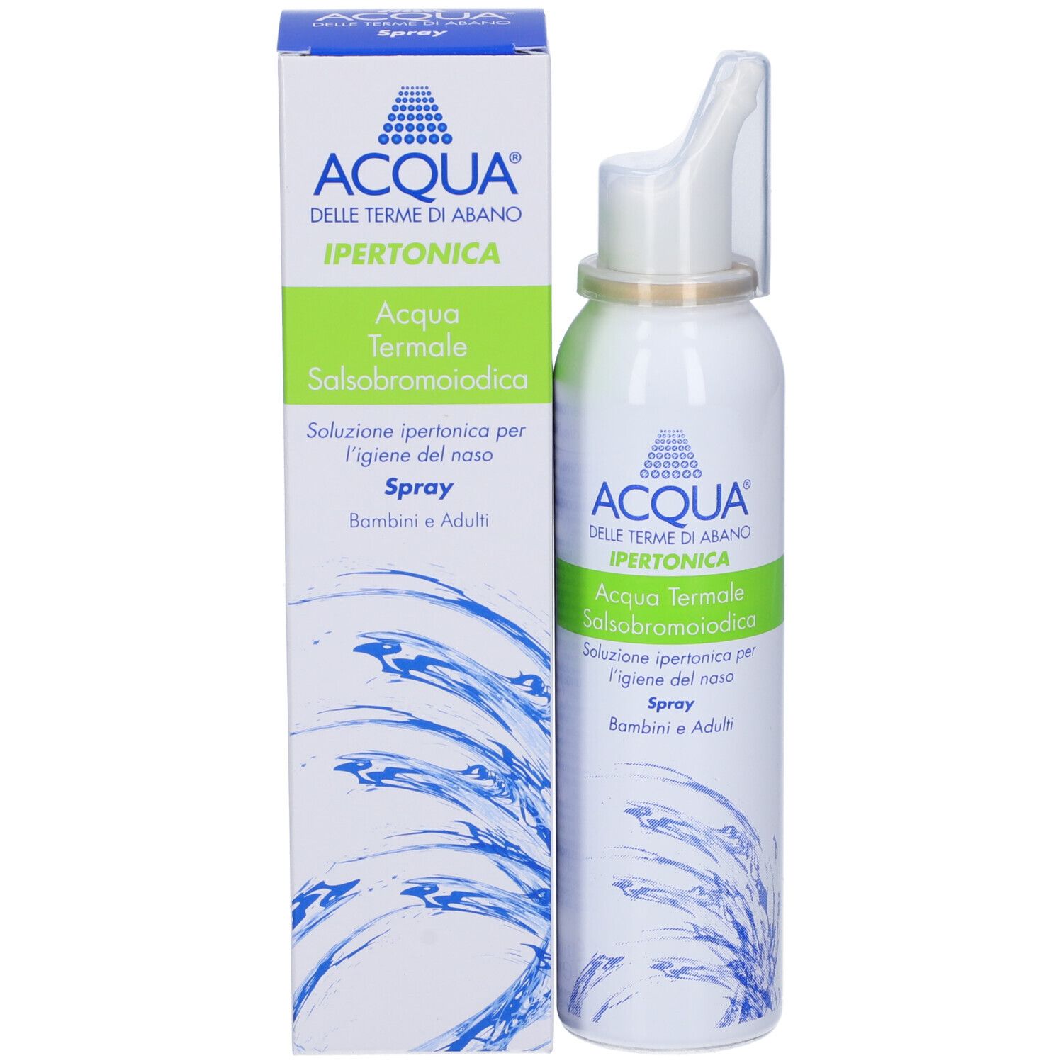 Spray bianco con fascia verde e testo. Applicatore spray nasale. Decorazione onde blu. Scatola.