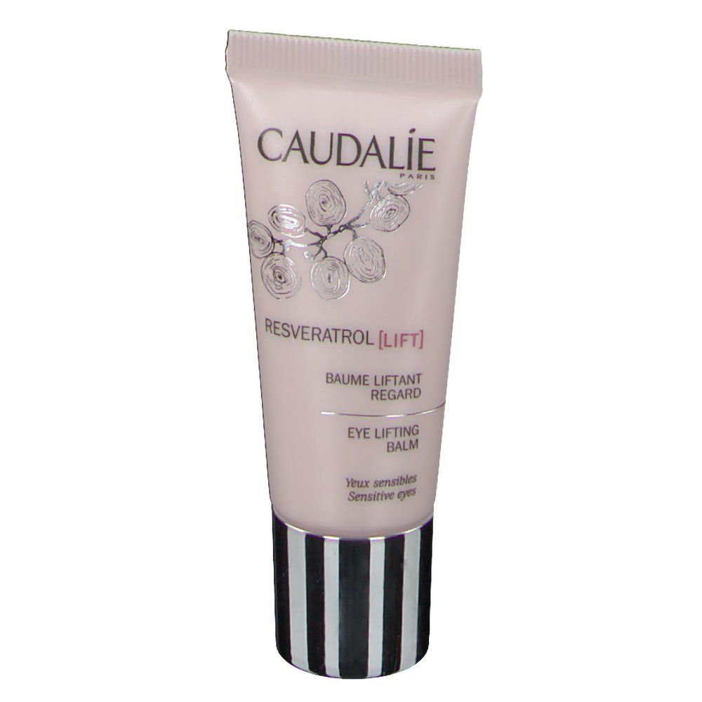 Tubo rosa con base a strisce bianche e nere. Scritta CAUDALIE, Resveratrol [Lift], Eye Lifting Balm.