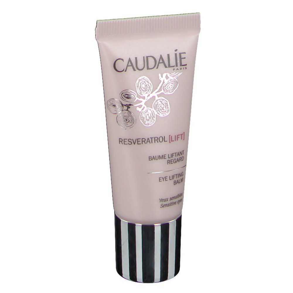 Tubo rosa con base a strisce bianche e nere. Scritta CAUDALIE, Resveratrol [Lift], Eye Lifting Balm.