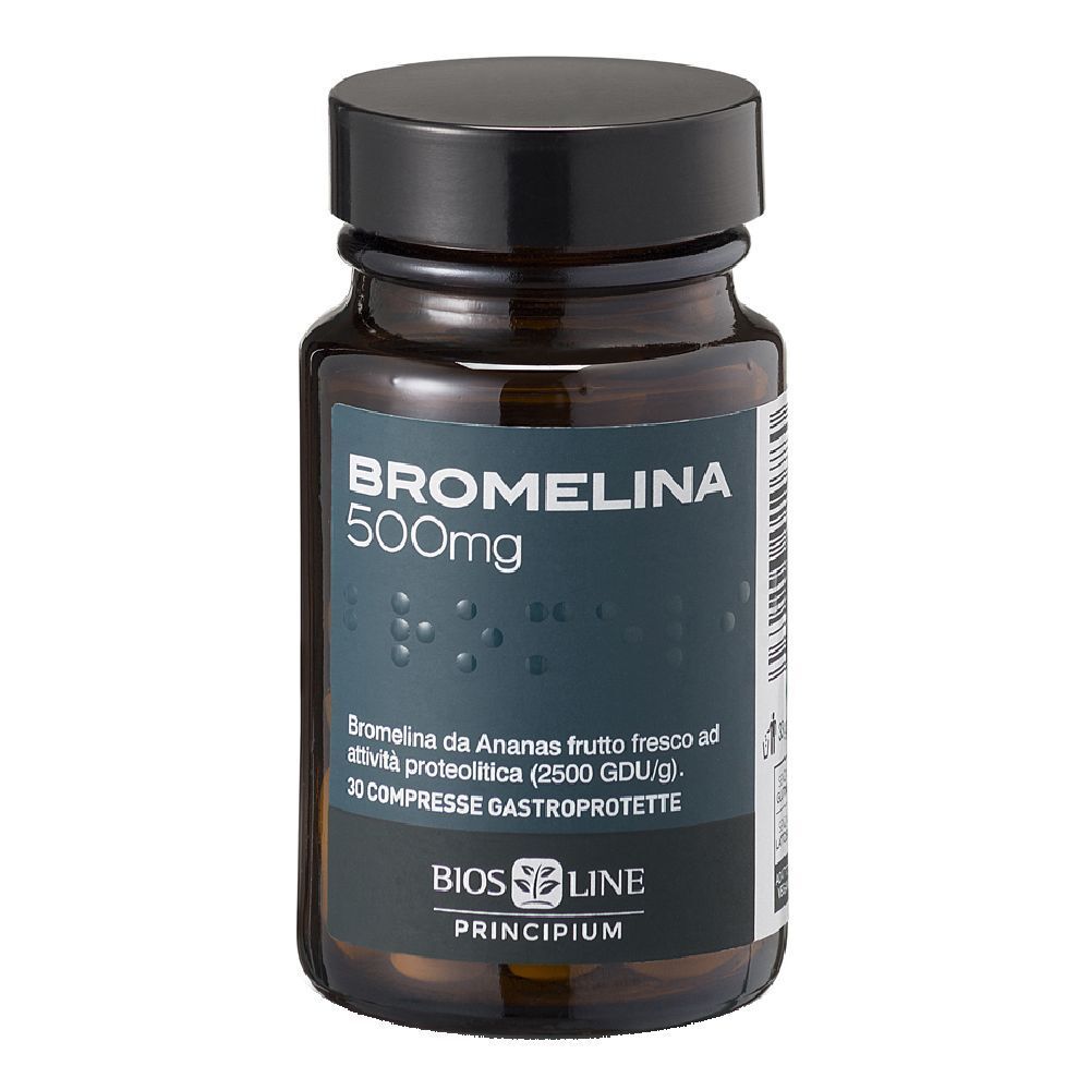 Flacone di vetro marrone con tappo nero. Scritta: Bromelina 500mg. Testo sottostante: Bromelina da Ananas frutto fresco ad attività proteolitica.