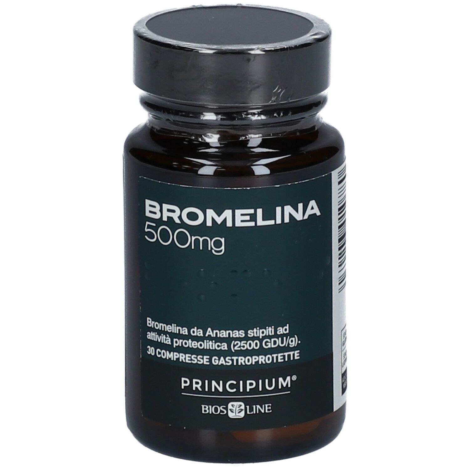 Flacone di vetro marrone con tappo nero. Scritta: Bromelina 500mg. Testo sottostante: Bromelina da Ananas stipiti ad attività proteolitica.