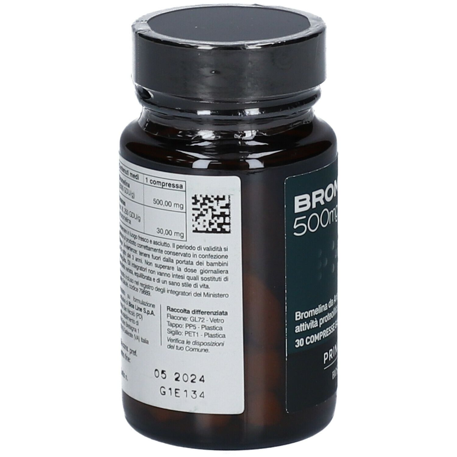 Flacone di vetro marrone con tappo nero. Retro con etichetta. Scritta: Bromelina 500mg. Ulteriori informazioni e codice QR.