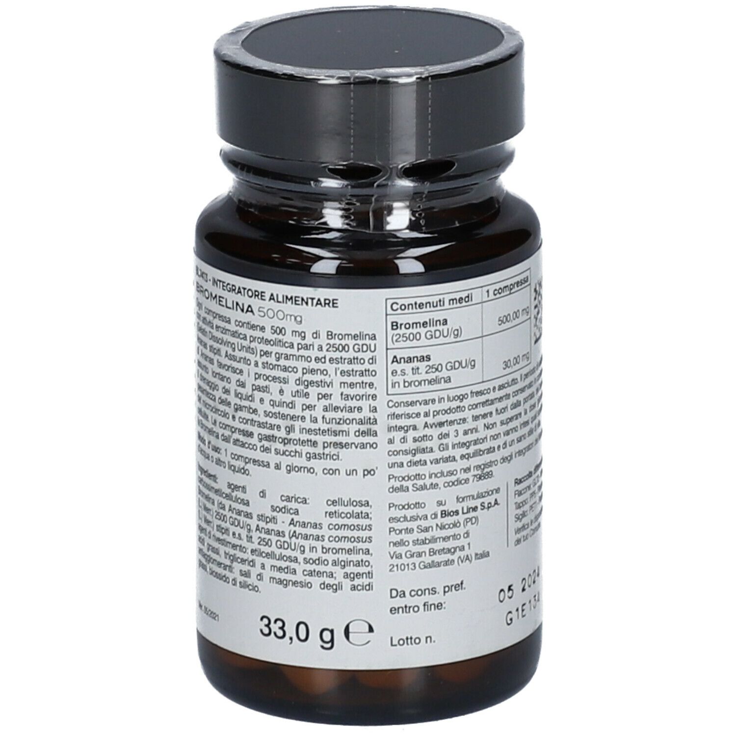 Flacone di vetro marrone con tappo nero. Scritta: Bromelina 500mg. Etichetta con informazioni sugli ingredienti. Peso: 33,0 g.