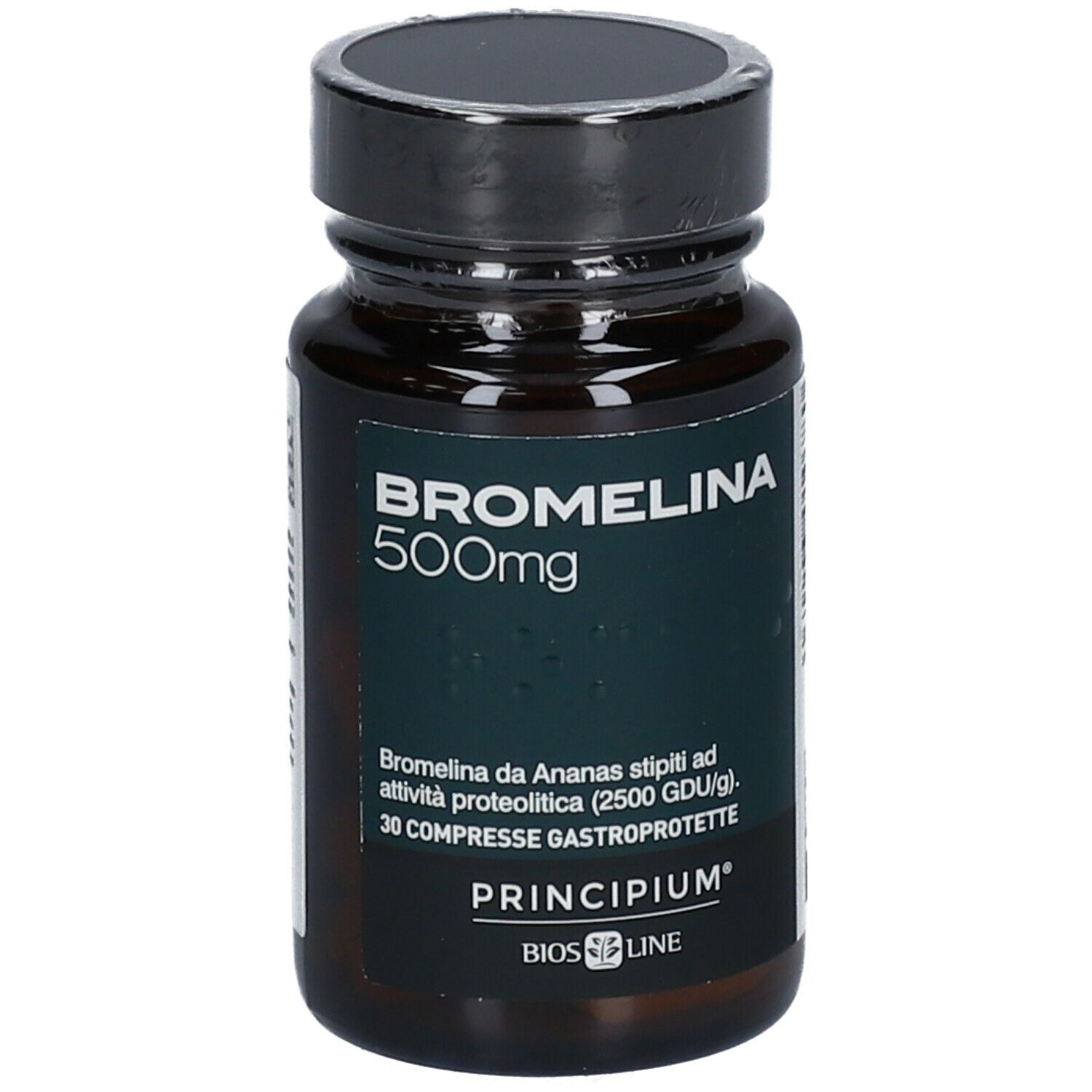 Flacone di vetro marrone con tappo nero. Scritta: Bromelina 500mg. Testo sottostante: Bromelina da Ananas stipiti ad attività proteolitica.