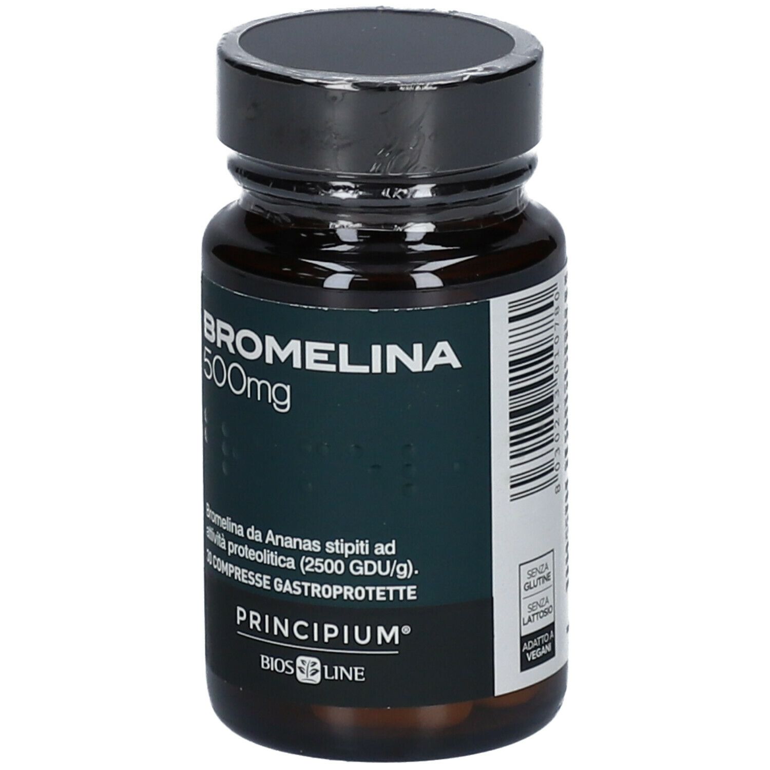Flacone di vetro marrone con tappo nero. Scritta: Bromelina 500mg. Testo sottostante: Bromelina da Ananas stipiti ad attività proteolitica. Senza glutine.