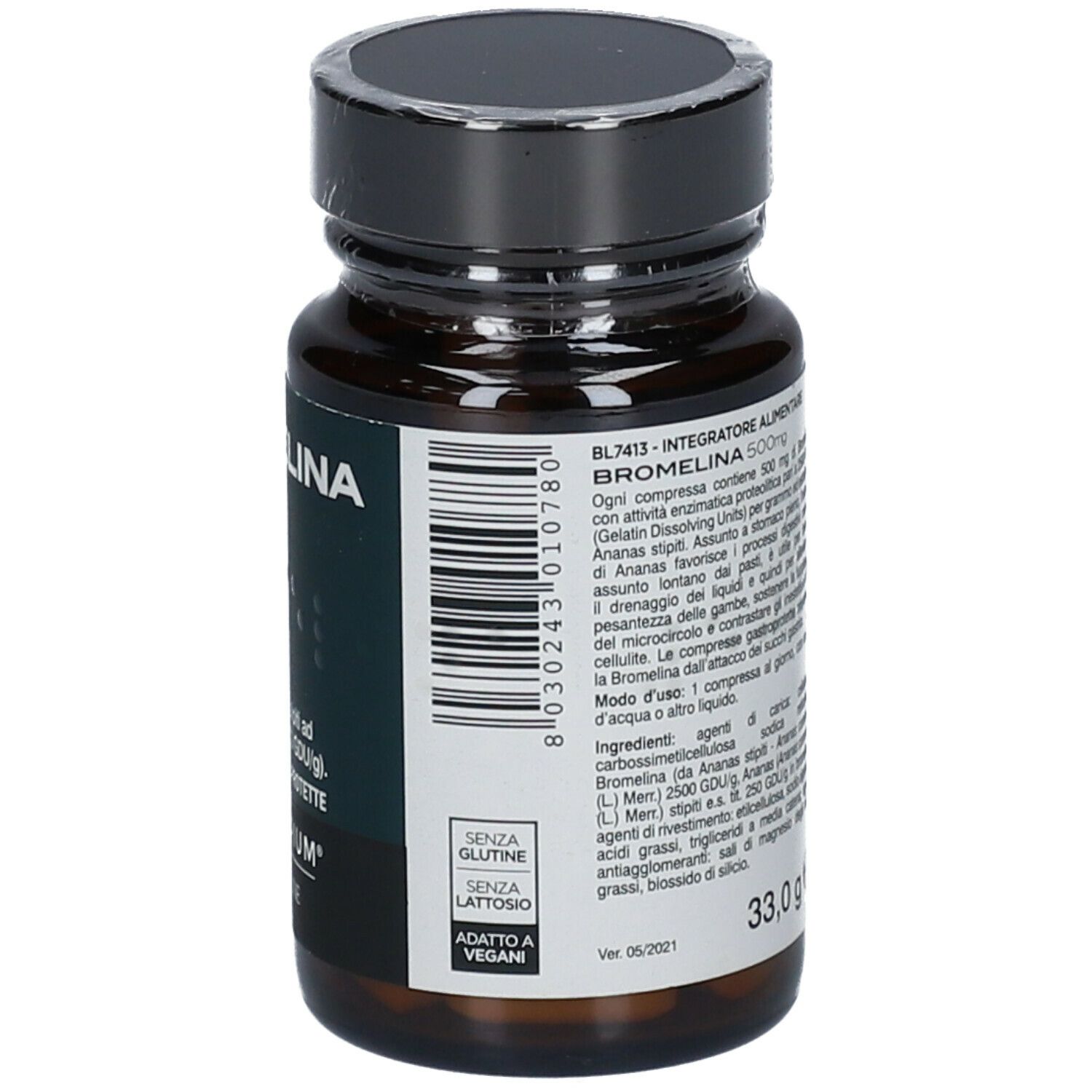Flacone di vetro marrone con tappo nero. Retro con etichetta. Scritta: Bromelina. Testo e ingredienti. Senza glutine, lattosio e vegano.