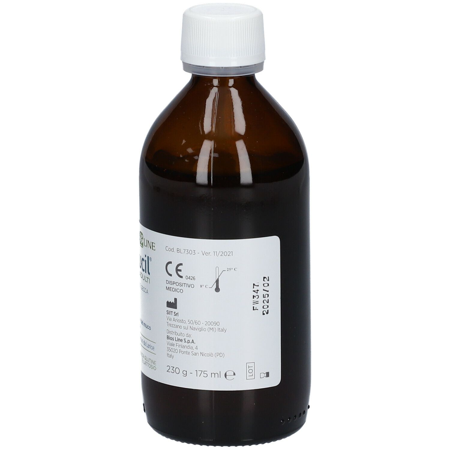 Flacone marrone con tappo bianco. Scritto: Larimucil Tosse Adulti. Etichetta con informazioni.