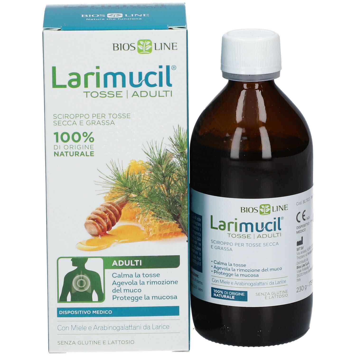 Flacone e scatola. Scritto: Larimucil Tosse Adulti. Sciroppo per la tosse per adulti.