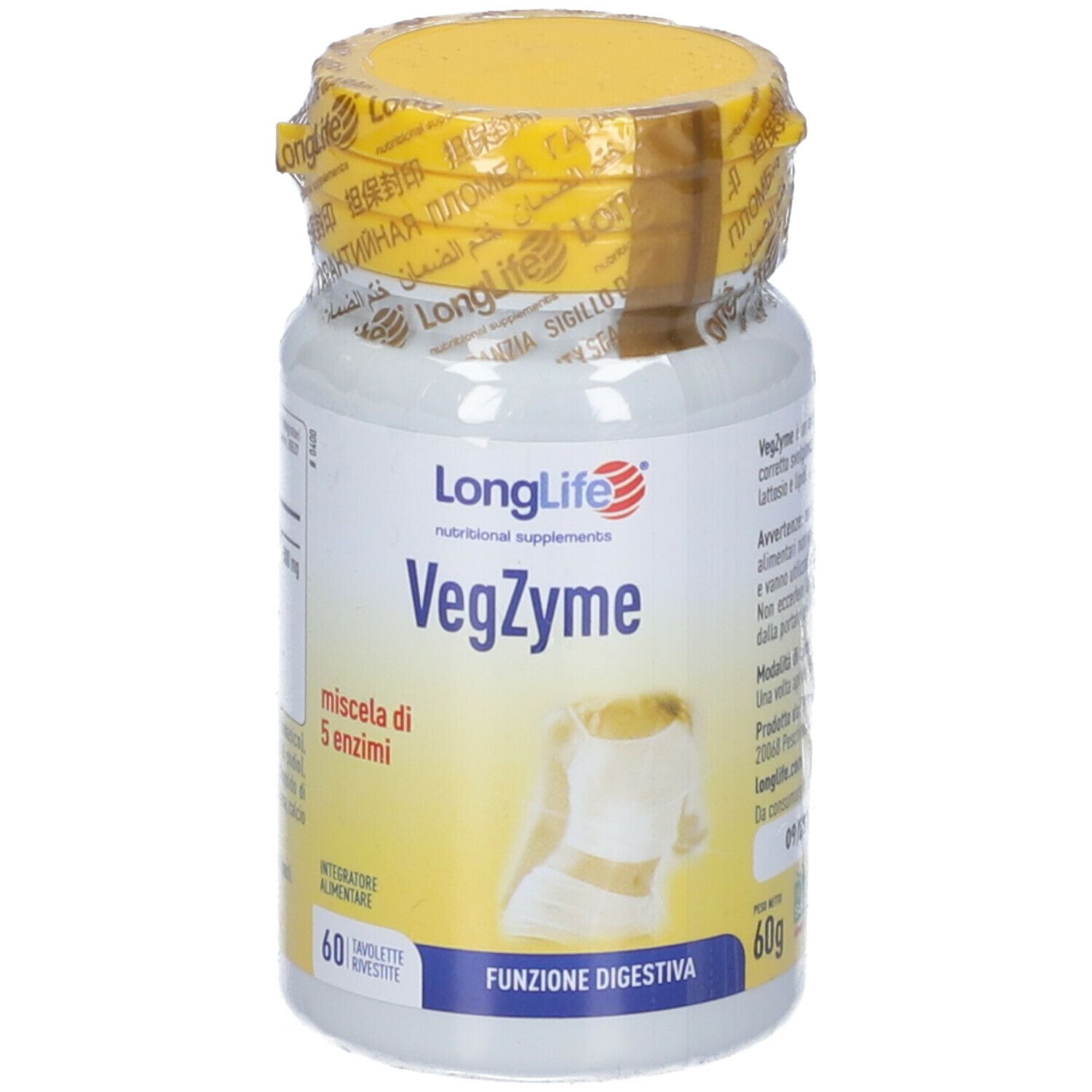 Flacone bianco con tappo giallo e sigillo. Scritta: LongLife VegZyme, 60 compresse. Illustrazione del tratto digestivo.