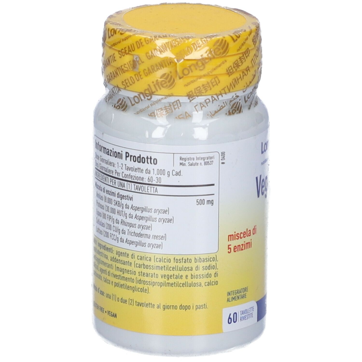 Flacone bianco con tappo giallo e sigillo. Retro con informazioni sul prodotto e ingredienti.