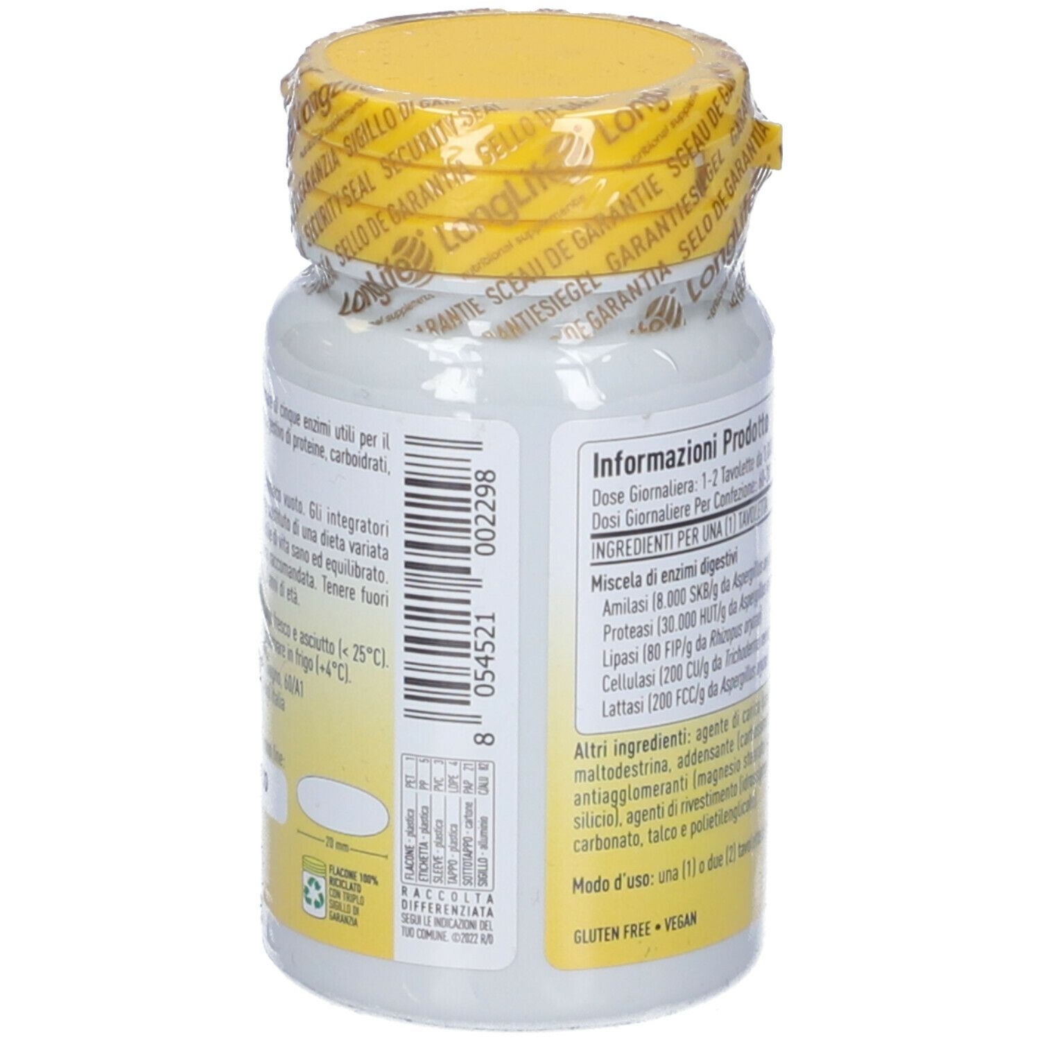 Flacone bianco con tappo giallo e sigillo. Retro con informazioni, ingredienti e certificazioni.