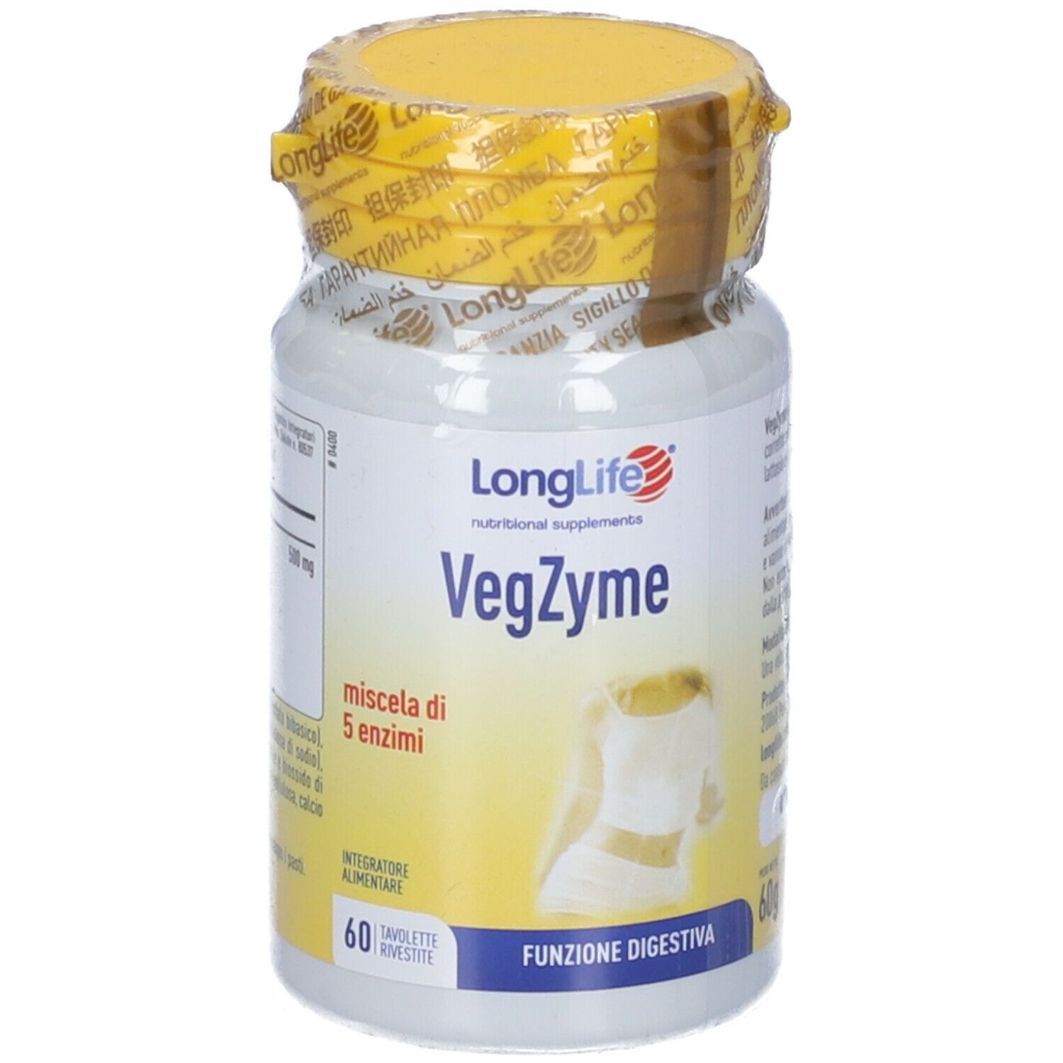 Flacone bianco con tappo giallo e sigillo. Scritta: LongLife VegZyme, 60 compresse. Illustrazione del tratto digestivo.