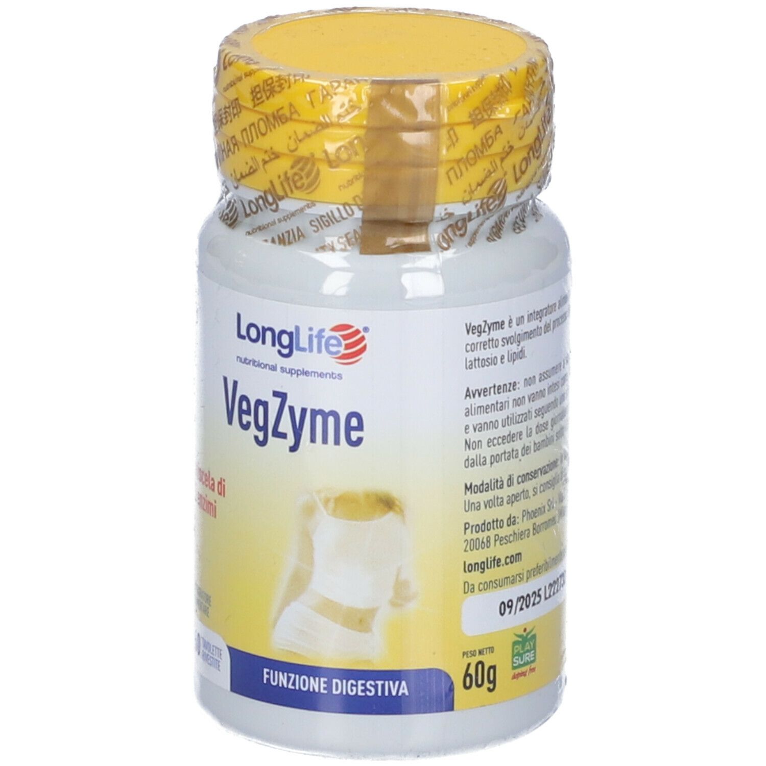 Flacone bianco con tappo giallo e sigillo. Scritta: LongLife VegZyme, 60g. Illustrazione del tratto digestivo.