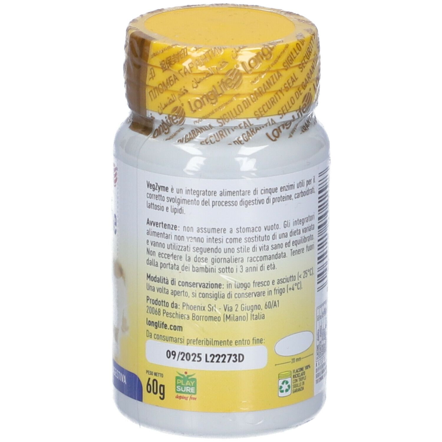 Flacone bianco con tappo giallo e sigillo. Retro con informazioni, 60g, data di scadenza.