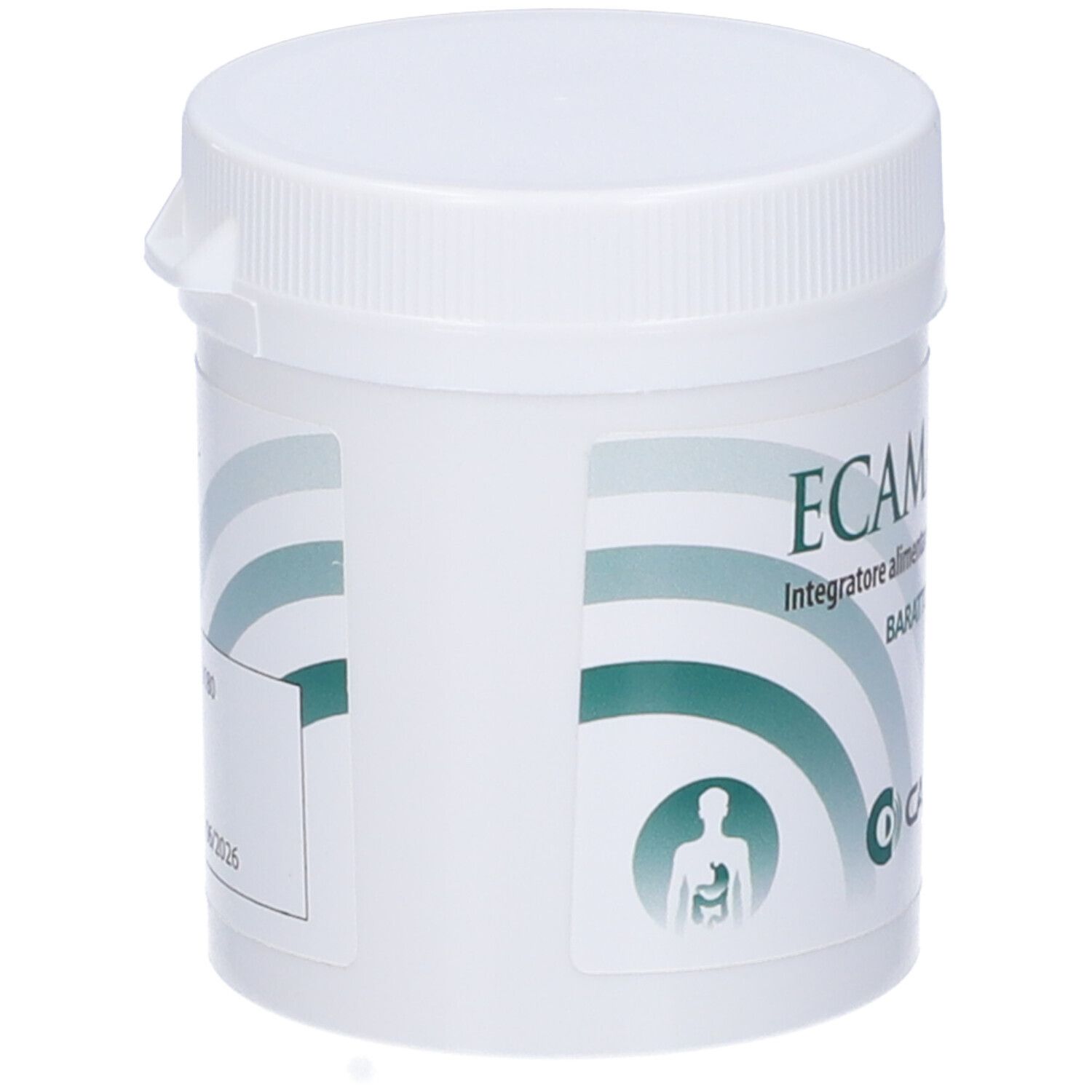 Barattolo bianco con coperchio. Sul lato: ECAMANNAN, Integratore alimentare di fibra di glucomannano. Marchio: CADIGROUP.