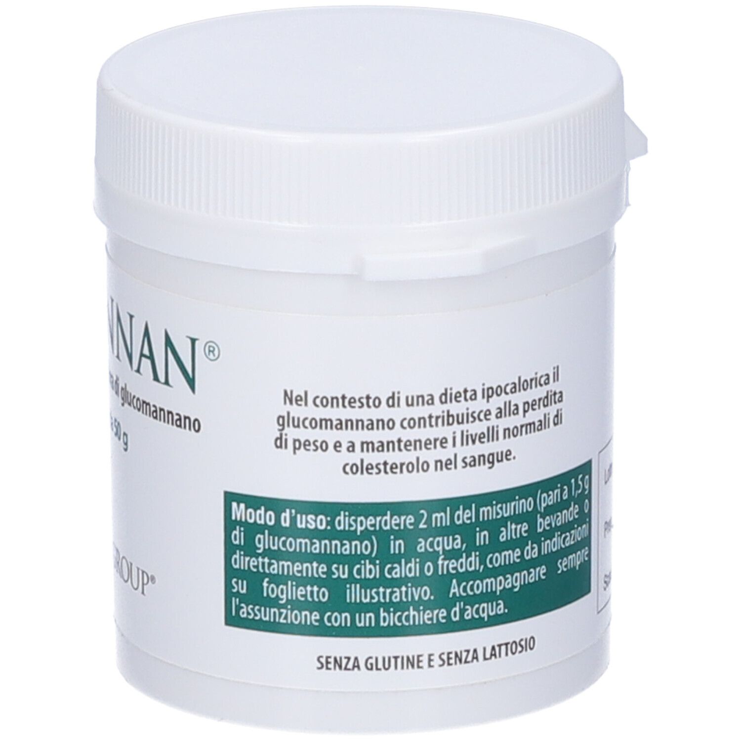 Barattolo bianco con coperchio. Scritta: ECAMANNAN, Integratore alimentare di fibra di glucomannano. Marchio: CADIGROUP.