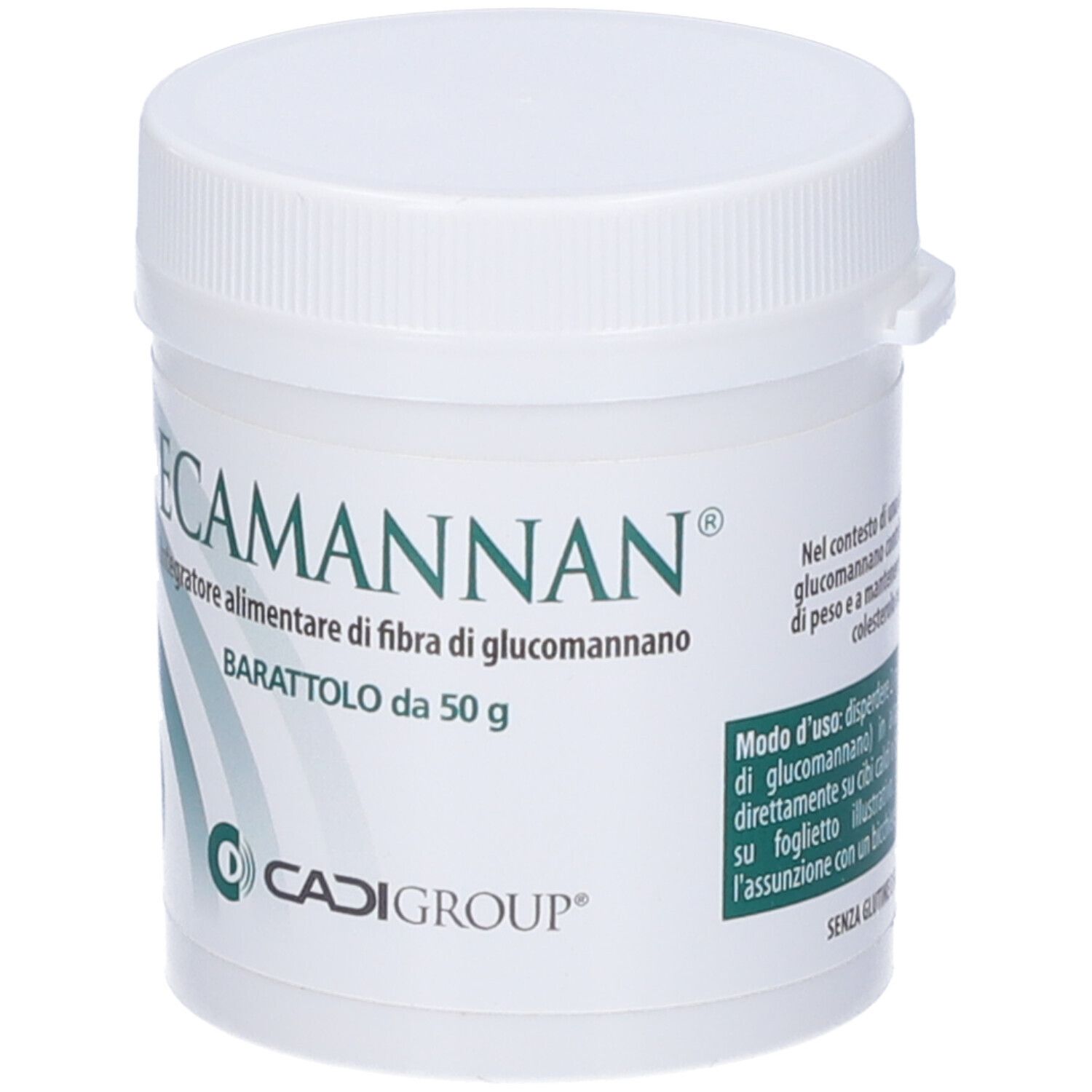 Barattolo bianco con coperchio. Scritta: ECAMANNAN, Integratore alimentare di fibra di glucomannano. Marchio: CADIGROUP.