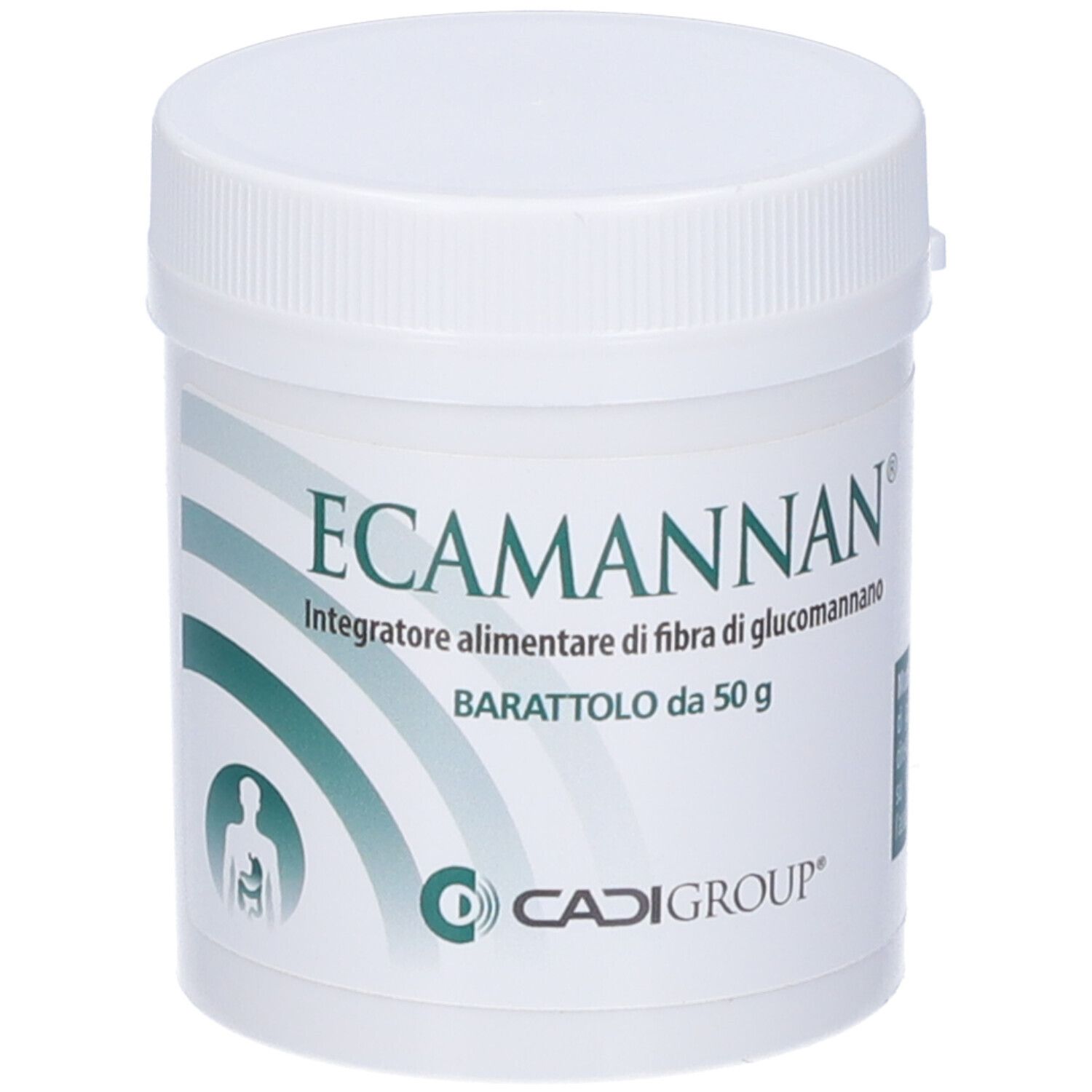 Barattolo bianco con coperchio. Scritta: ECAMANNAN, Integratore alimentare di fibra di glucomannano. Marchio: CADIGROUP.