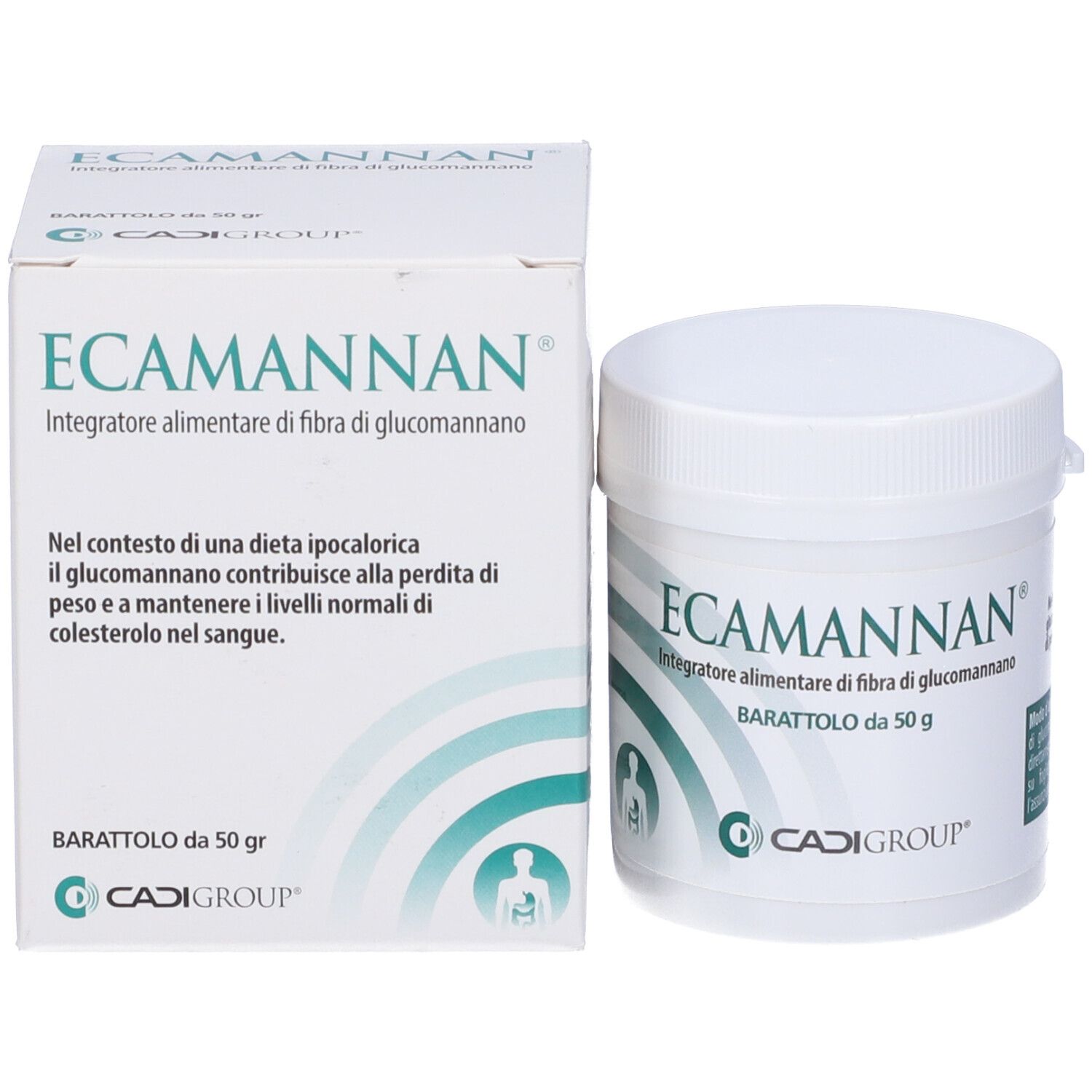Barattolo e scatola bianchi. Scritta: ECAMANNAN, Integratore alimentare di fibra di glucomannano. Marchio: CADIGROUP.