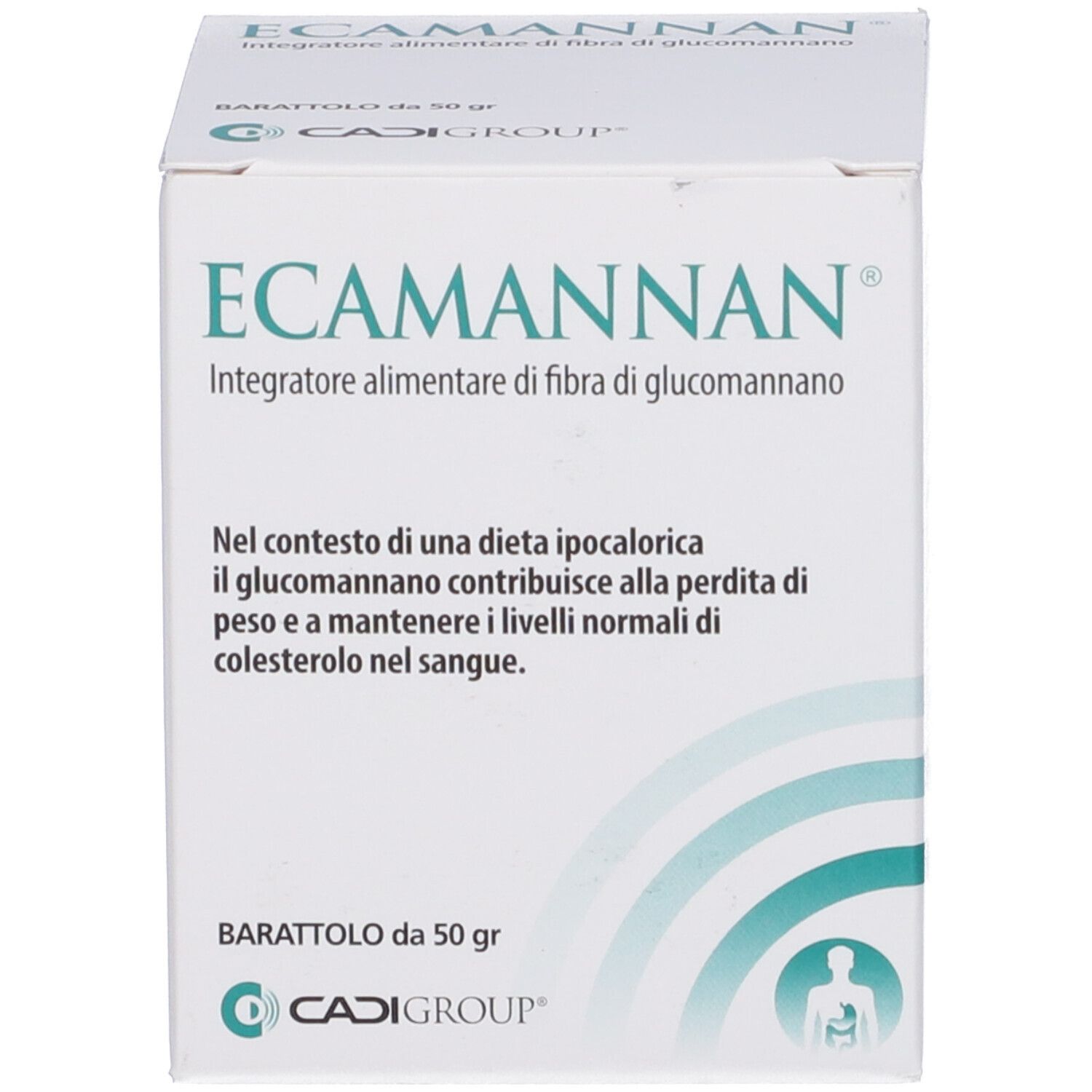 Scatola bianca. Scritta: ECAMANNAN, Integratore alimentare di fibra di glucomannano. Marchio: CADIGROUP.