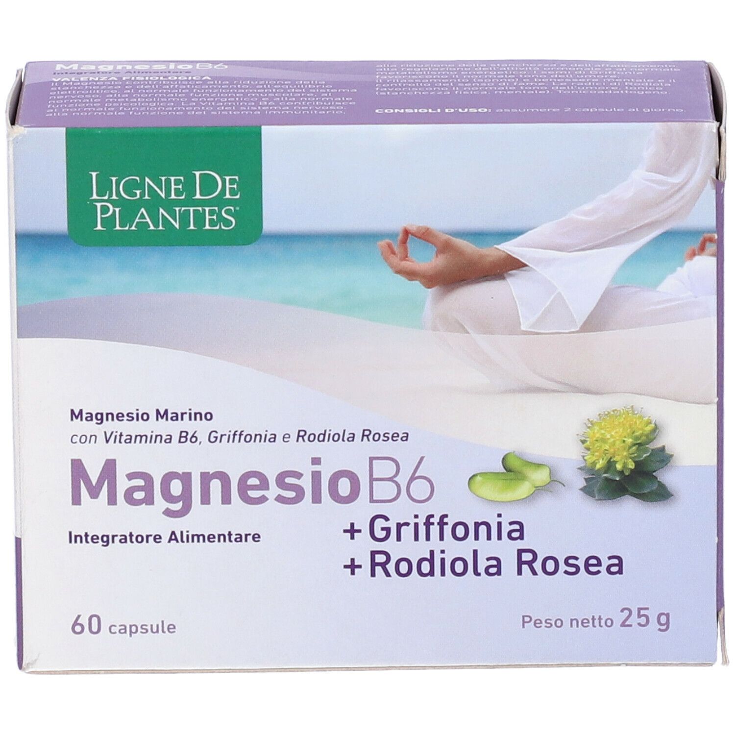Scatola di Magnesio B6, Griffonia, Rodiola Rosea. 60 capsule. Peso netto 25g. Immagine di persona in yoga.