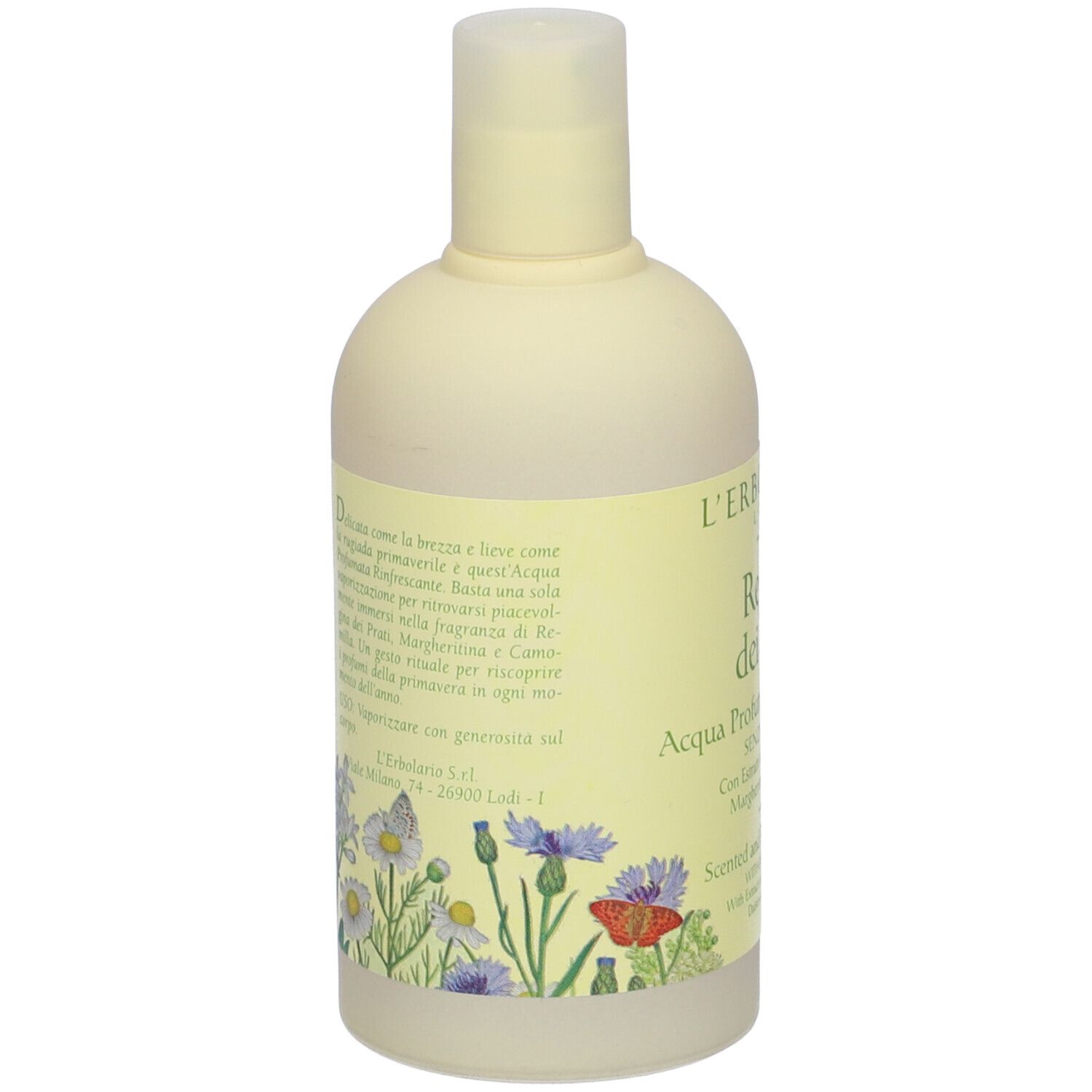 Flacone beige con etichetta gialla. Scritta: L'Erbolario Lodi, Regine dei prati, Acqua Profumata Rinfrescante. Senza alcool.