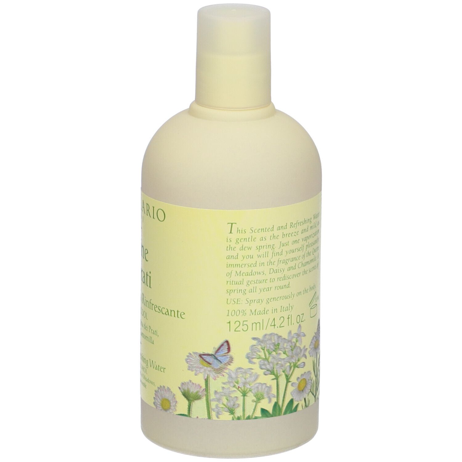 Flacone beige con etichetta gialla. Scritta: L'Erbolario Lodi, Regine dei prati, Acqua Profumata Rinfrescante. Senza alcool.