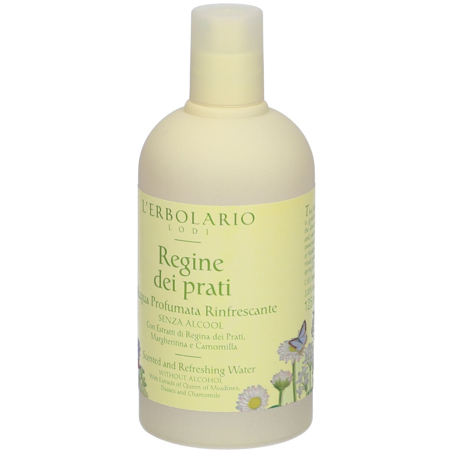 Flacone beige con etichetta gialla. Scritta: L'Erbolario Lodi, Regine dei prati, Acqua Profumata Rinfrescante. Senza alcool.