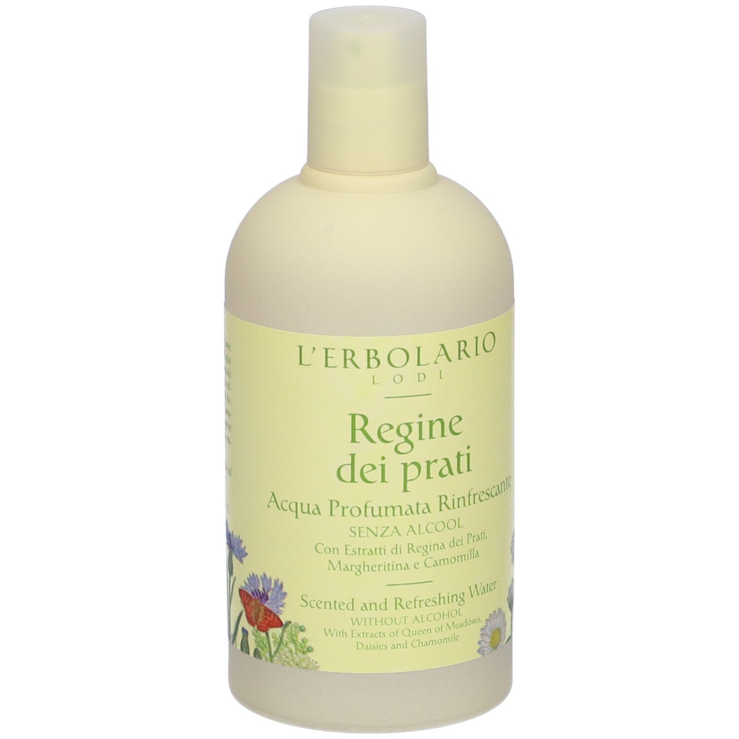 Flacone beige con etichetta gialla. Scritta: L'Erbolario Lodi, Regine dei prati, Acqua Profumata Rinfrescante. Senza alcool.