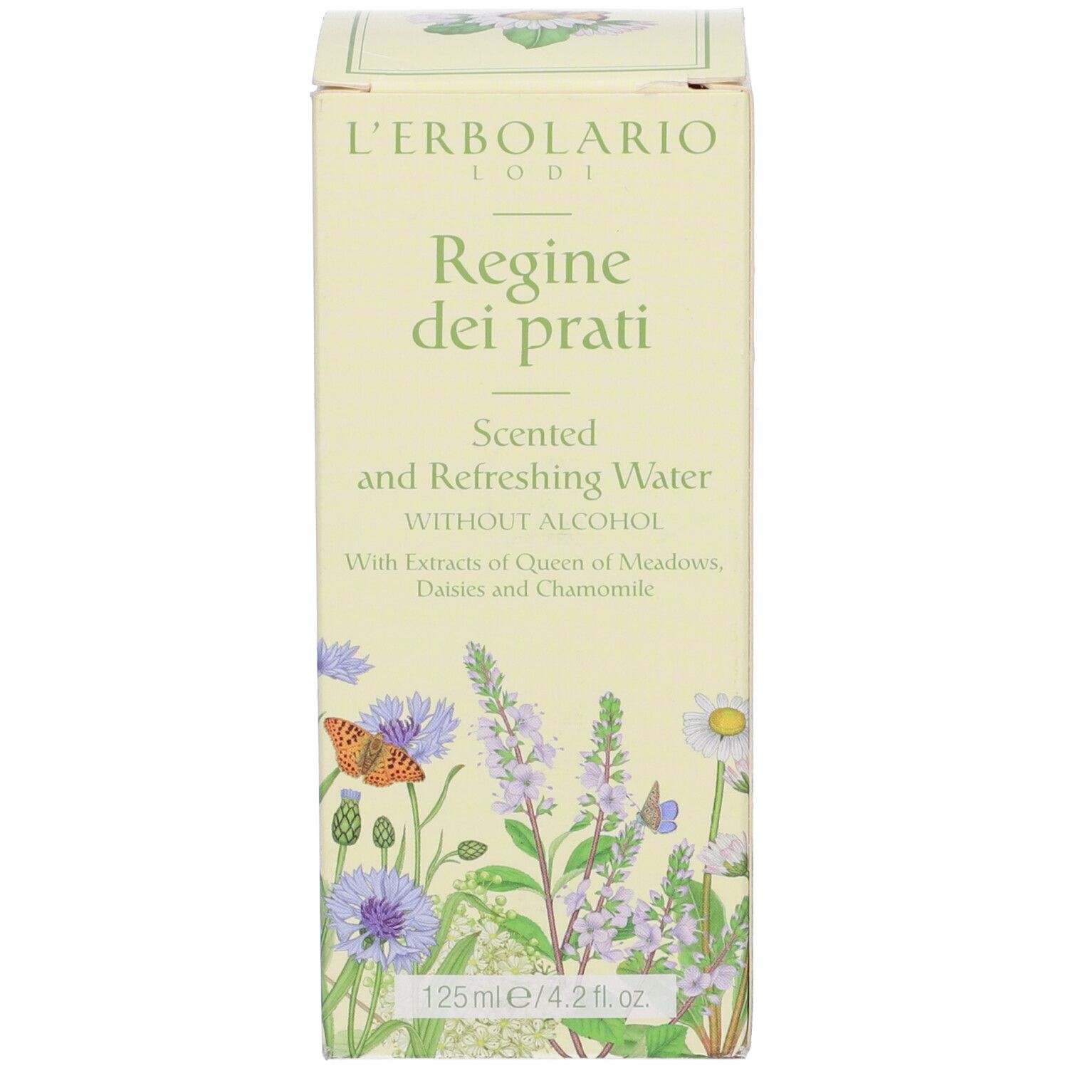Confezione in cartone. Scritta: L'Erbolario Lodi, Regine dei prati, Acqua Profumata Rinfrescante. Senza alcool. Illustrazioni.